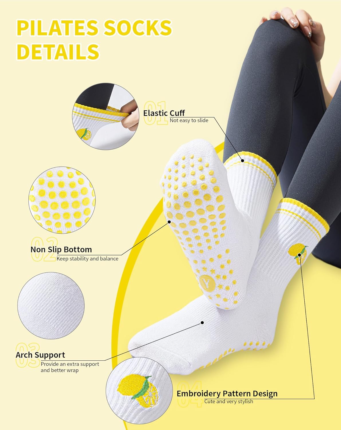 Yawlsow Pilates Grip Socks for Women Yoga Grippy Socks Cute Barre Non Skid Athletic Crew Sticky Sock Workout Hospital - Image 4