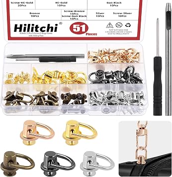 Hilitchi 52 Sets 5 Colors D Rings Rivets for Leather Purse, D Ring Stud Screw 360 Degree Rotatable Ball Post Head Buttons Chicago Stud Screw with Hole Punch and Screwdriver for Purse, Handbags