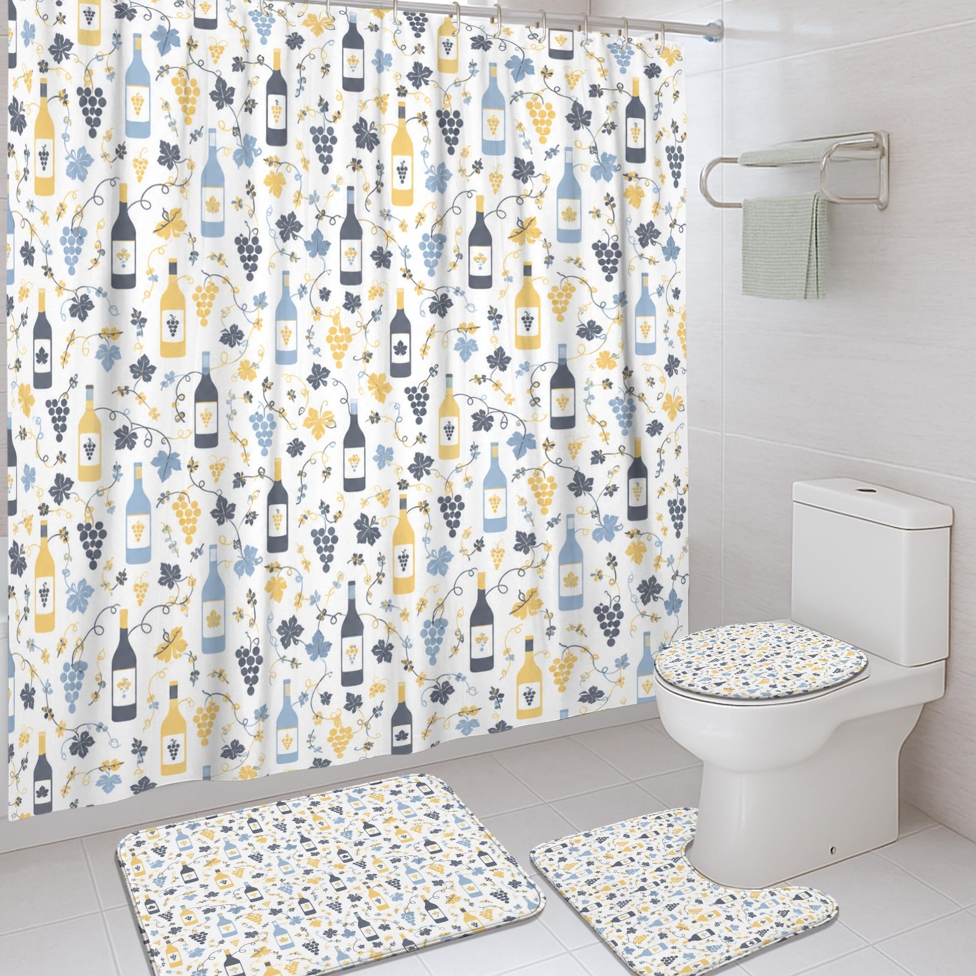 Rideaux de douche vintage bleu automne et tapis assortis 183x183 cm