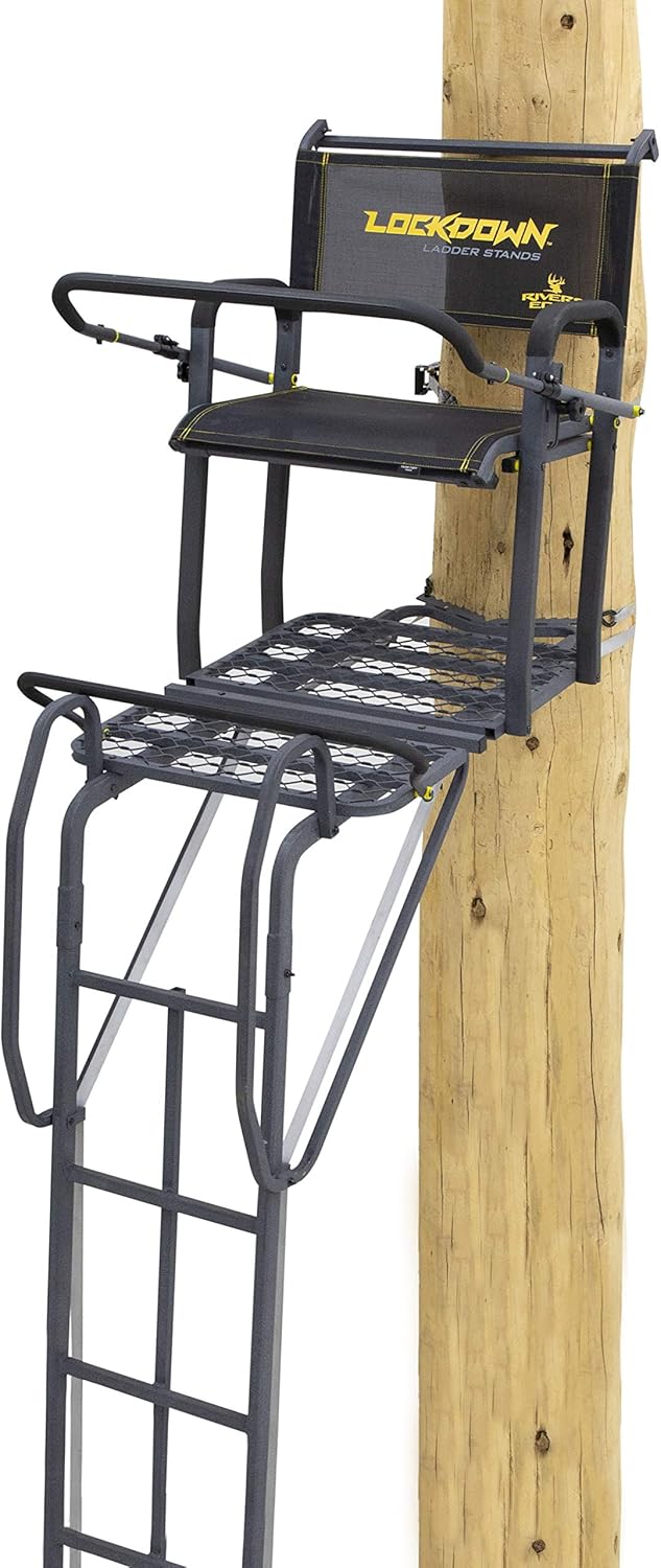 Rivers Edge® Lockdown™ 21' Wide, Towering 21' Height, Flip-Up TearTuff™ Mesh Seat, The Ultimate Shooting Rail™, Patent-Pending Ground-Level Ratcheting Technology™, LD200