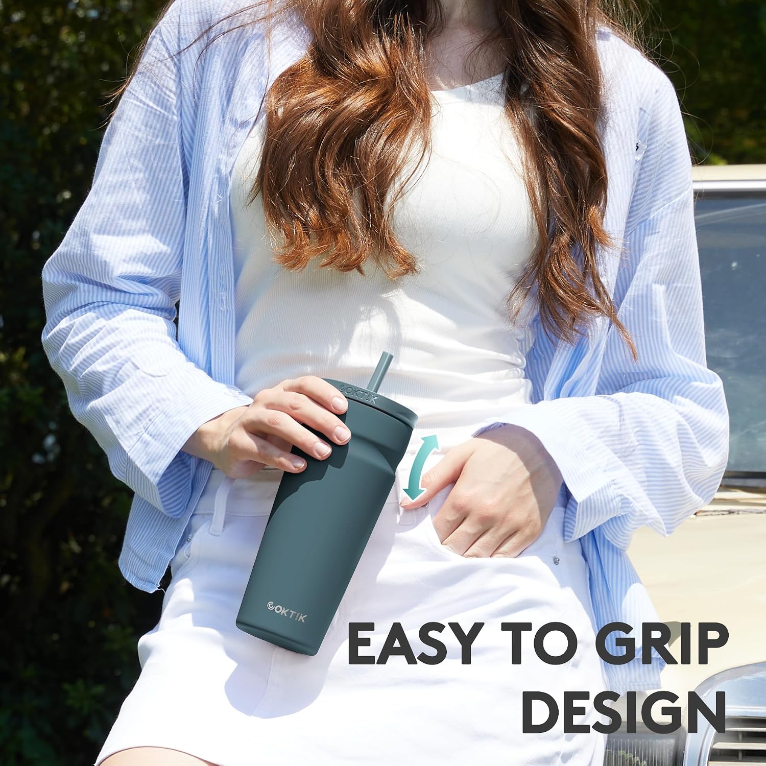 COKTIK 20oz Insulated Tumbler with Lid and Straw Iced Coffee Cup Reusable Stainless Steel Travel Mug Water Bottle Cupholder Friendly for Women Men Her Him (Twilight Fog)