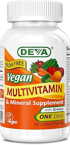 DEVA Suplemento multivitamínico y mineral vegano, una fórmula diaria de vitaminas con verduras, sin hierro, 90 tabletas recubiertas, 1 paquete