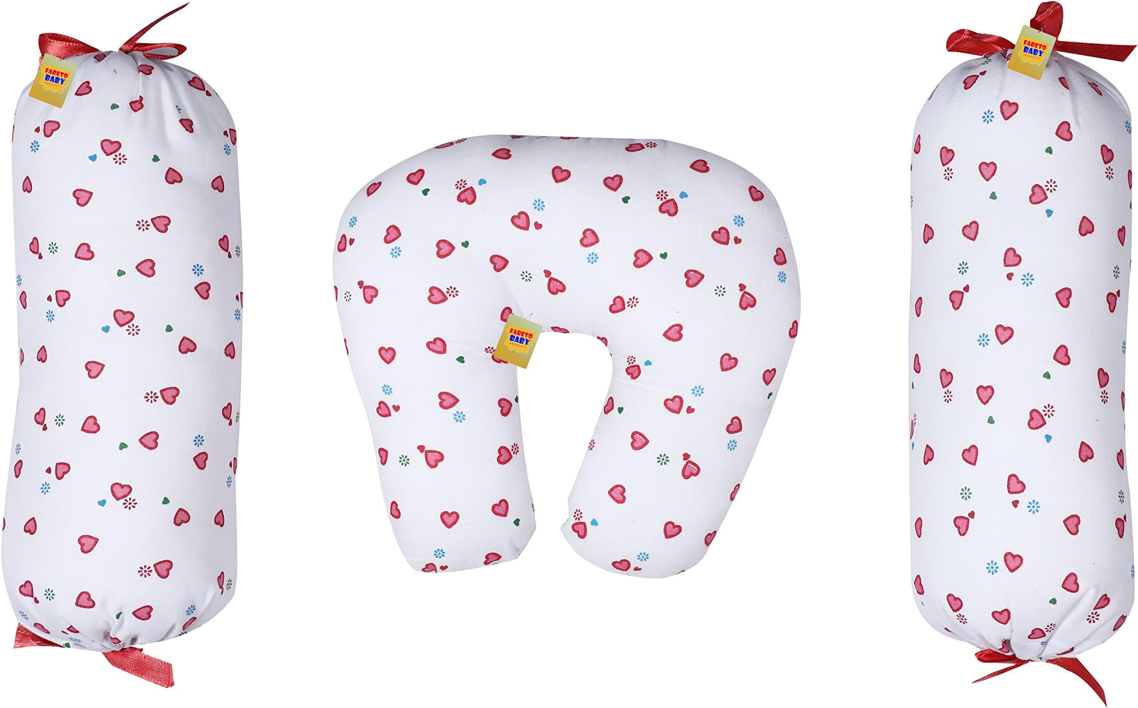 Fareto® Baby Combo of Baby Soft U-Shape Pillow & 2 Matching Lot Pillows/Recorn Filling Soft Pillow(0-3 Months)(Pink, Cotton)