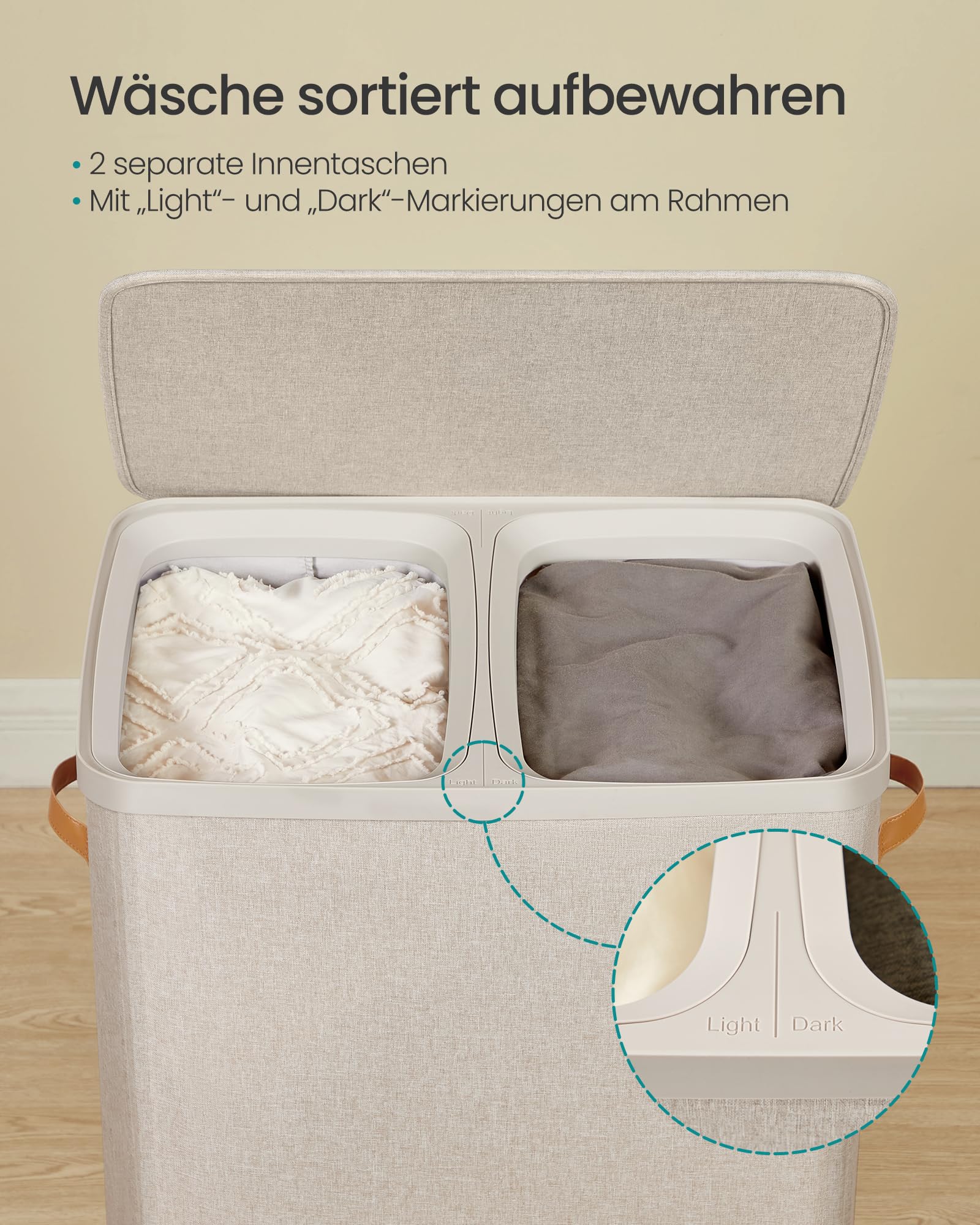 SONGMICS Wäschekorb, 170 L Wäschesammler 2 Fächer, Wäschesortierer, Leichter Aufbau, mit Deckel und Griffen, herausnehmbarer Wäschesack, 56 x 40 x 75 cm, cappuccinobeige LCB813L01