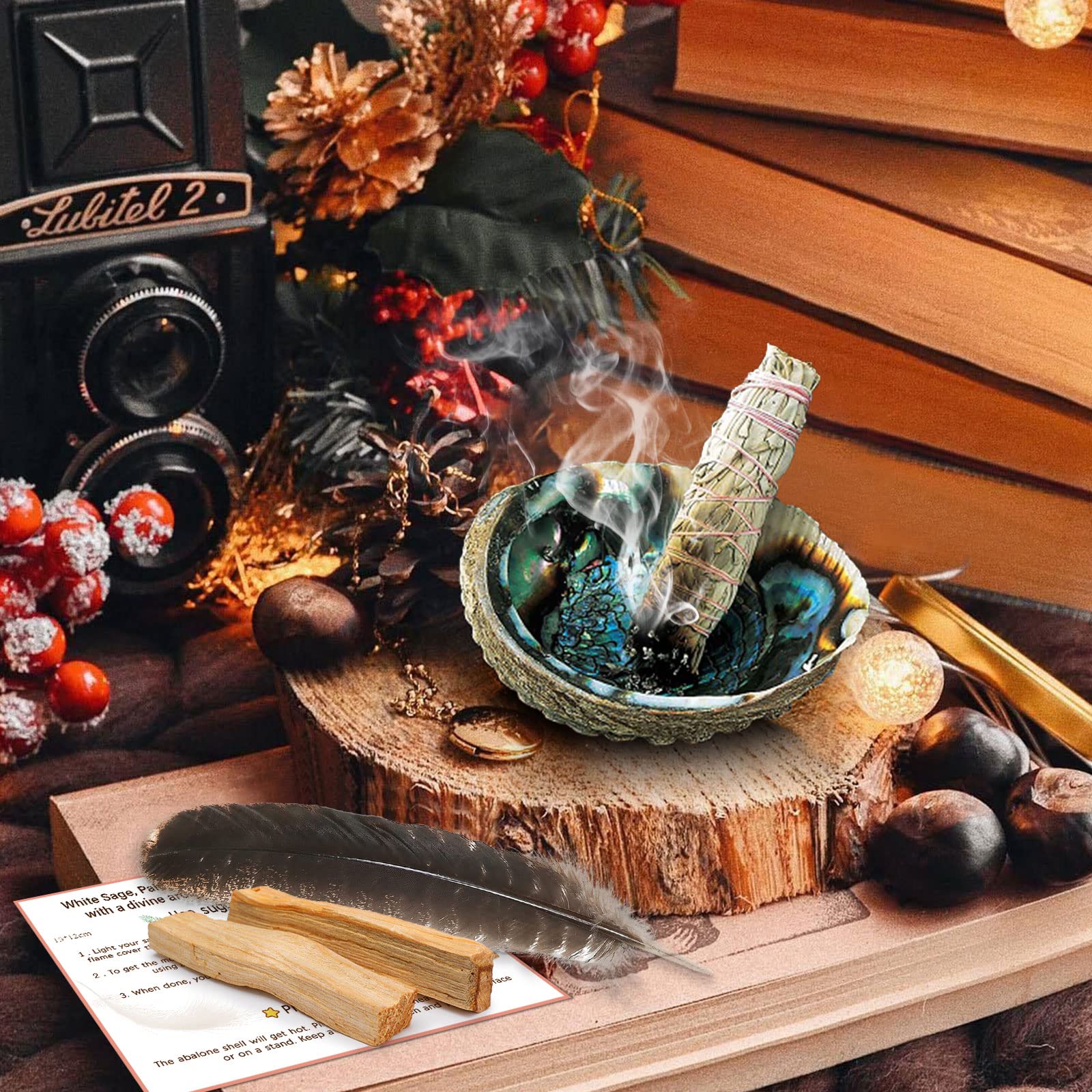 Biała szałwia 3 wiązki 10,2 cm i 2 palo Santo10 cm długa muszla Abalone 11 cm, zestaw do wędzenia pióra, zestaw do wędzenia, eliminuje negatywną energię, wspomaga rytuały medytacyjne
