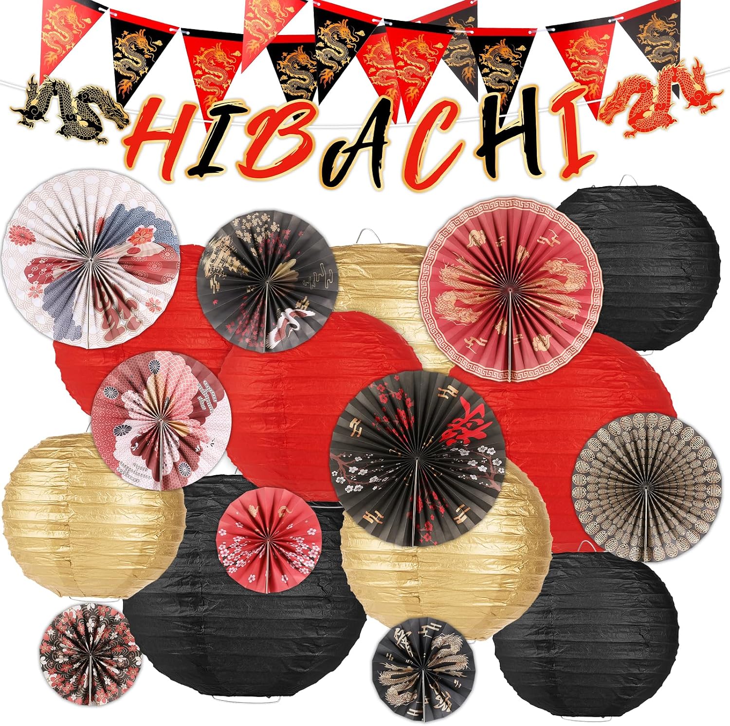 20 Pcs Hibachi Party Decorations Japanese Style Paper Fans Lanterns Banner Set for Hibachi Asian Chinese Japanese Birthday Wedding Baby Shower Party Supplies for Adults Men Women