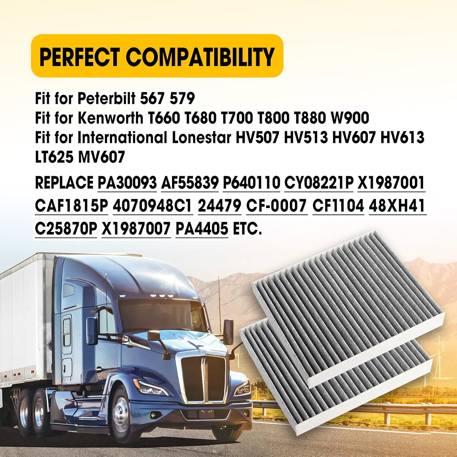 4Pcs Cabin Air Filter with Activated Carbon Replace AF55839 PA30093 P640110 CAF1815P Fit for Kenworth T660 T680 T700 T800 T880 W900 Peterbilt 567 579 International Lonestar HV507 HV513 HV607 HV613