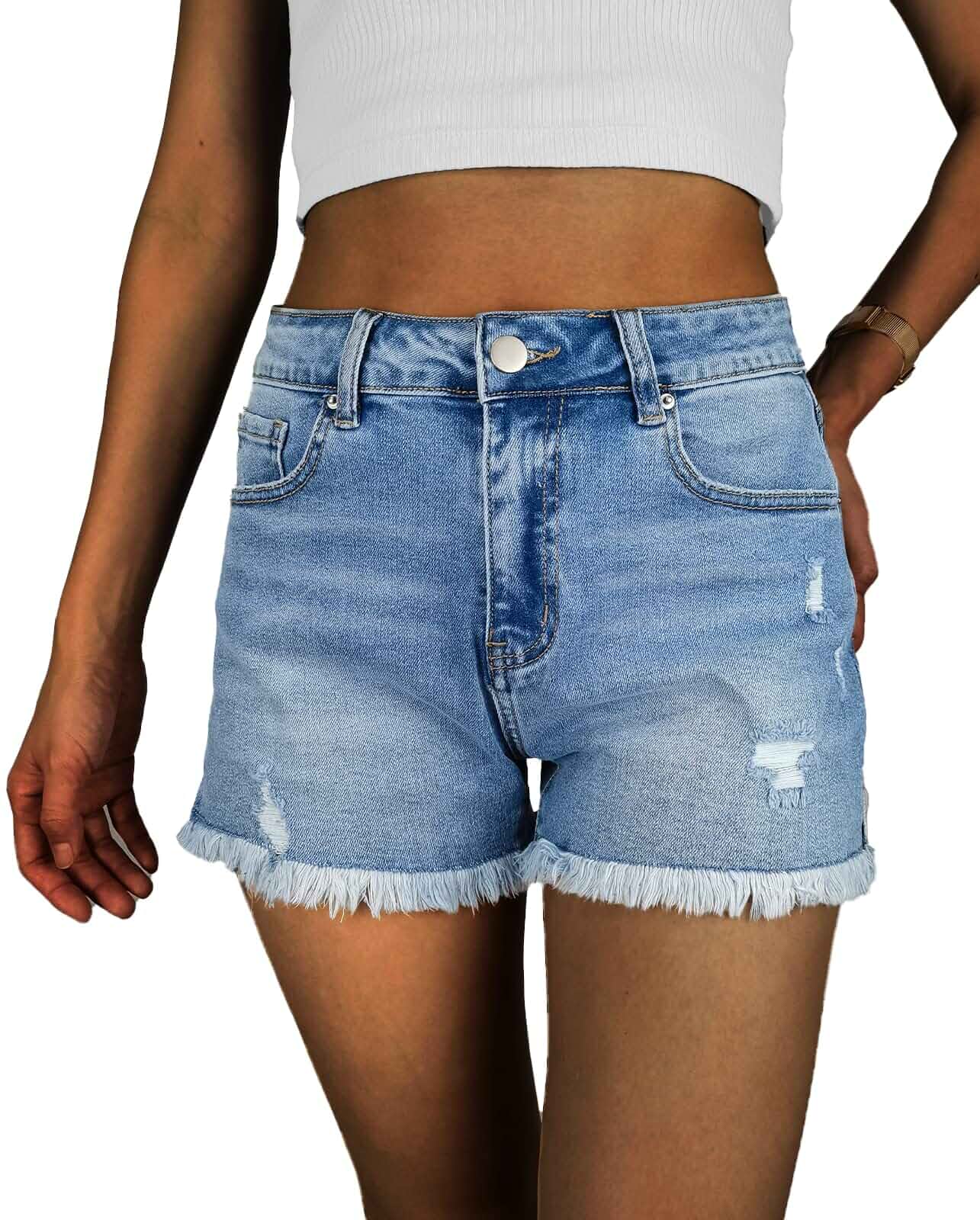 VAYEAH Women’s High Waisted Stretchy Jean Shorts Mid-High Rise, Stretch Denim, Ripped Distressed, Frayed Cut Off Hem, 3" Inseam, Trendy Concert Outfits