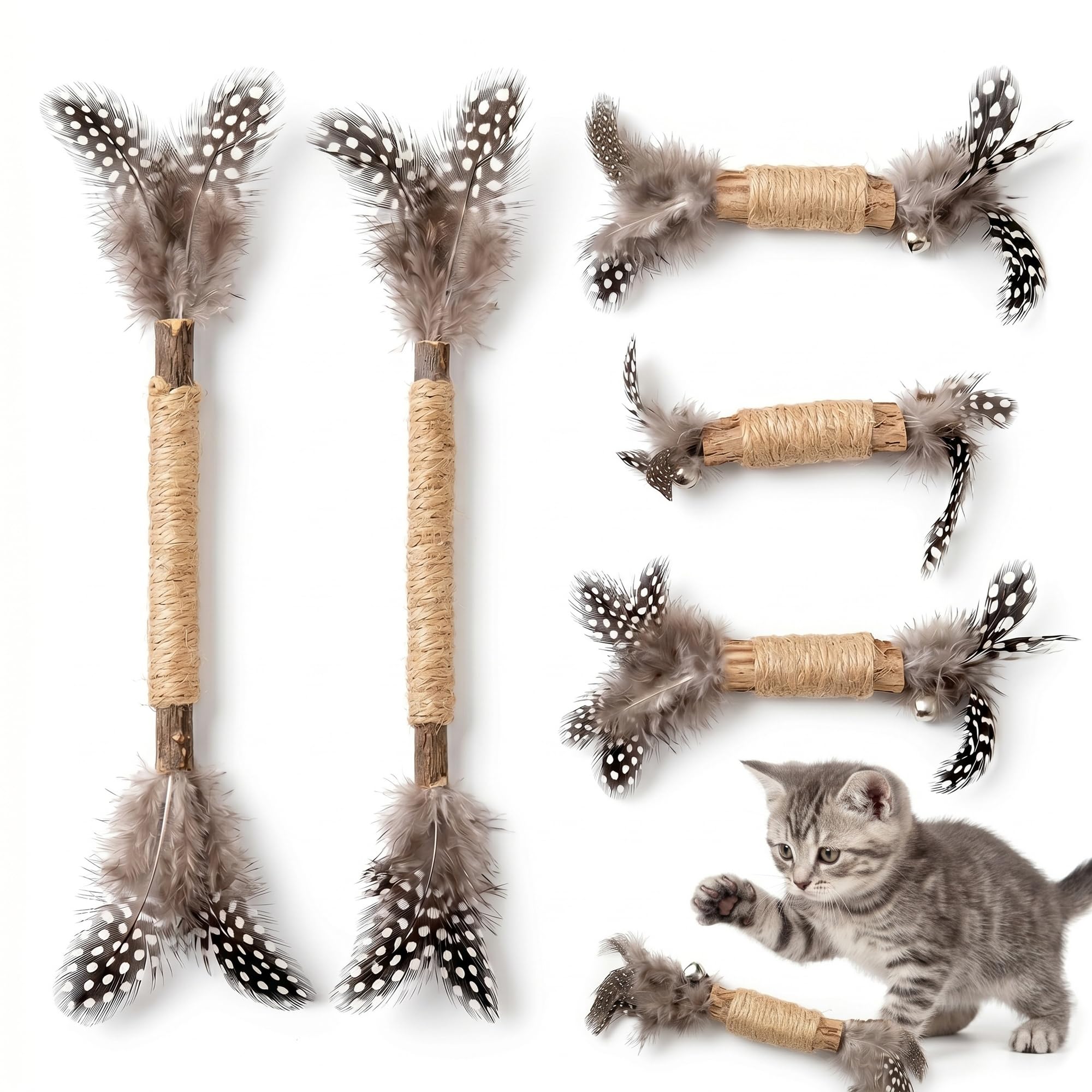Oriqee 6 PCs Silvervine Chew Sticks with Feathers for Cats, Matatabi Catnip Toys for Cats, Kitten Chew Toys for Teeth Cleaning & Funny