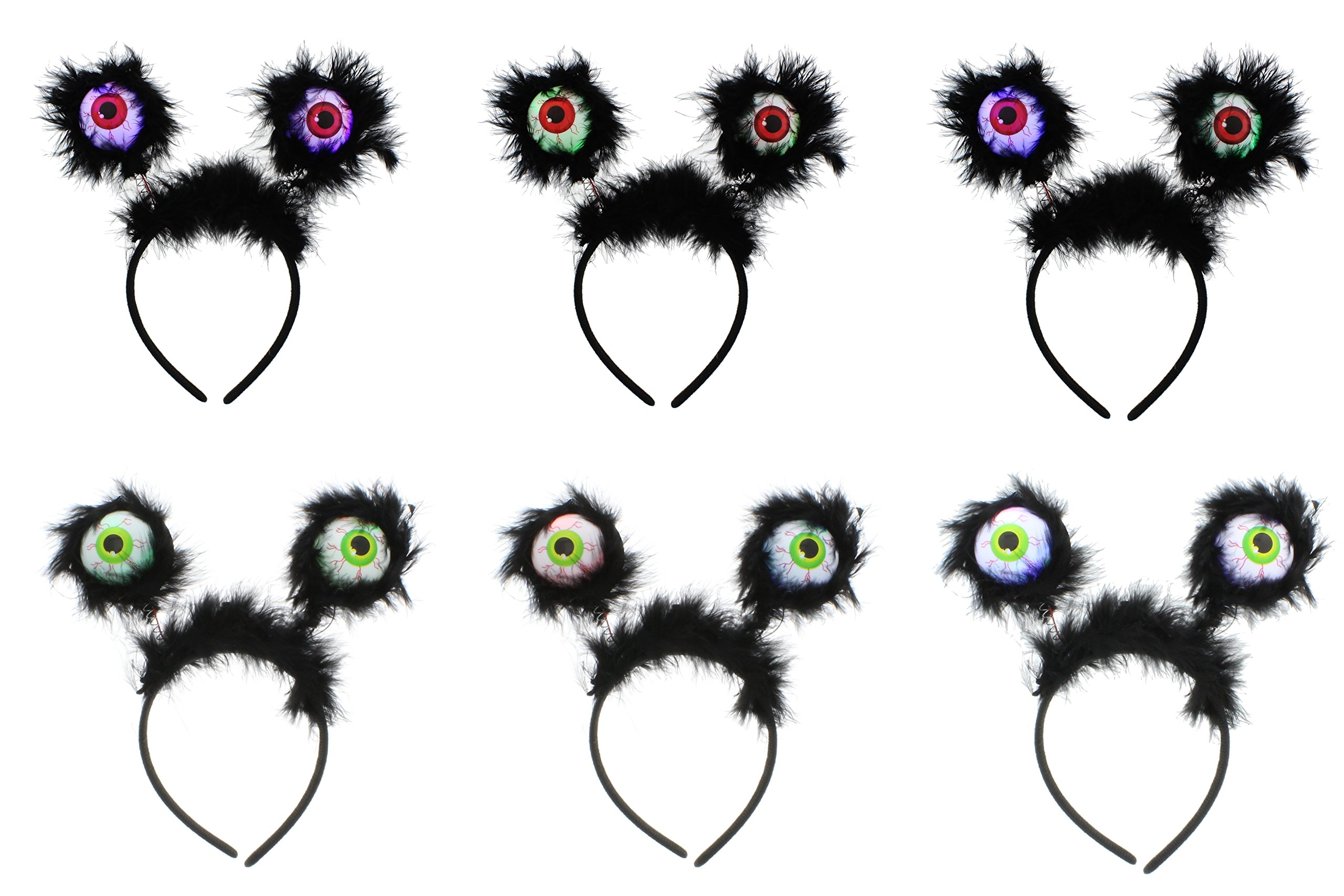 Zac's Alter Ego Pack of 6 Halloween Eyeball Head Boppers with Black Fur, Spooky Party Favors and Costume Accessories