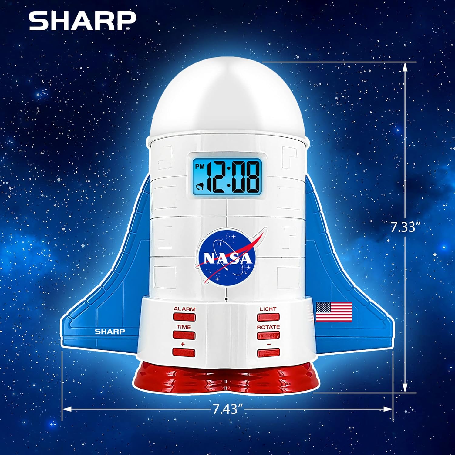 Сторона view of the Sharp NASA Space Shuttle Night Light Alarm Clock with dimensions