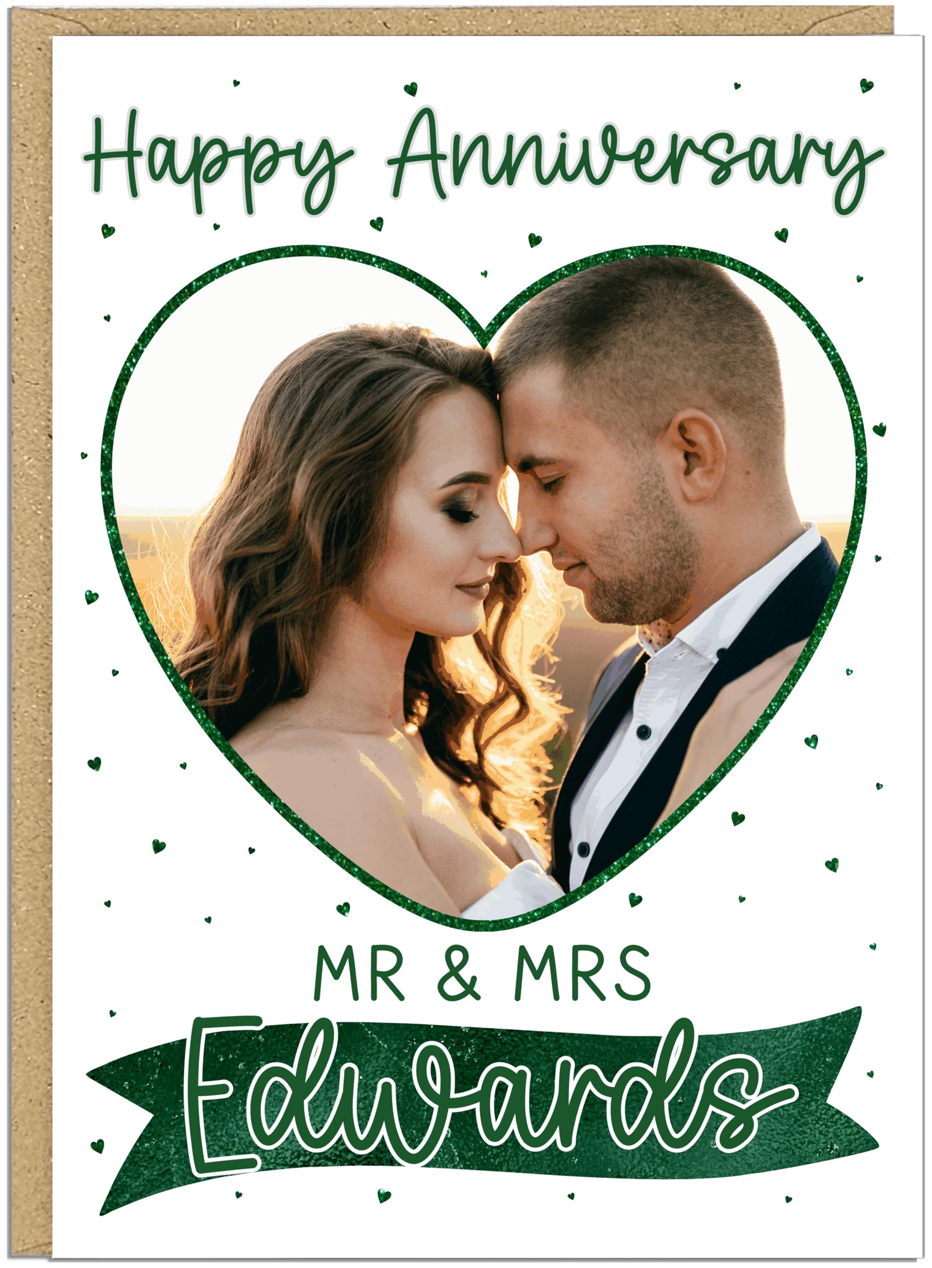 Happy Wedding Anniversary Personalised Cards Custom Mr & Mrs Surname Upload Own Photo Heart Frame Happy Anniversary Keepsake for Couples Husband Wife A5 (Green)