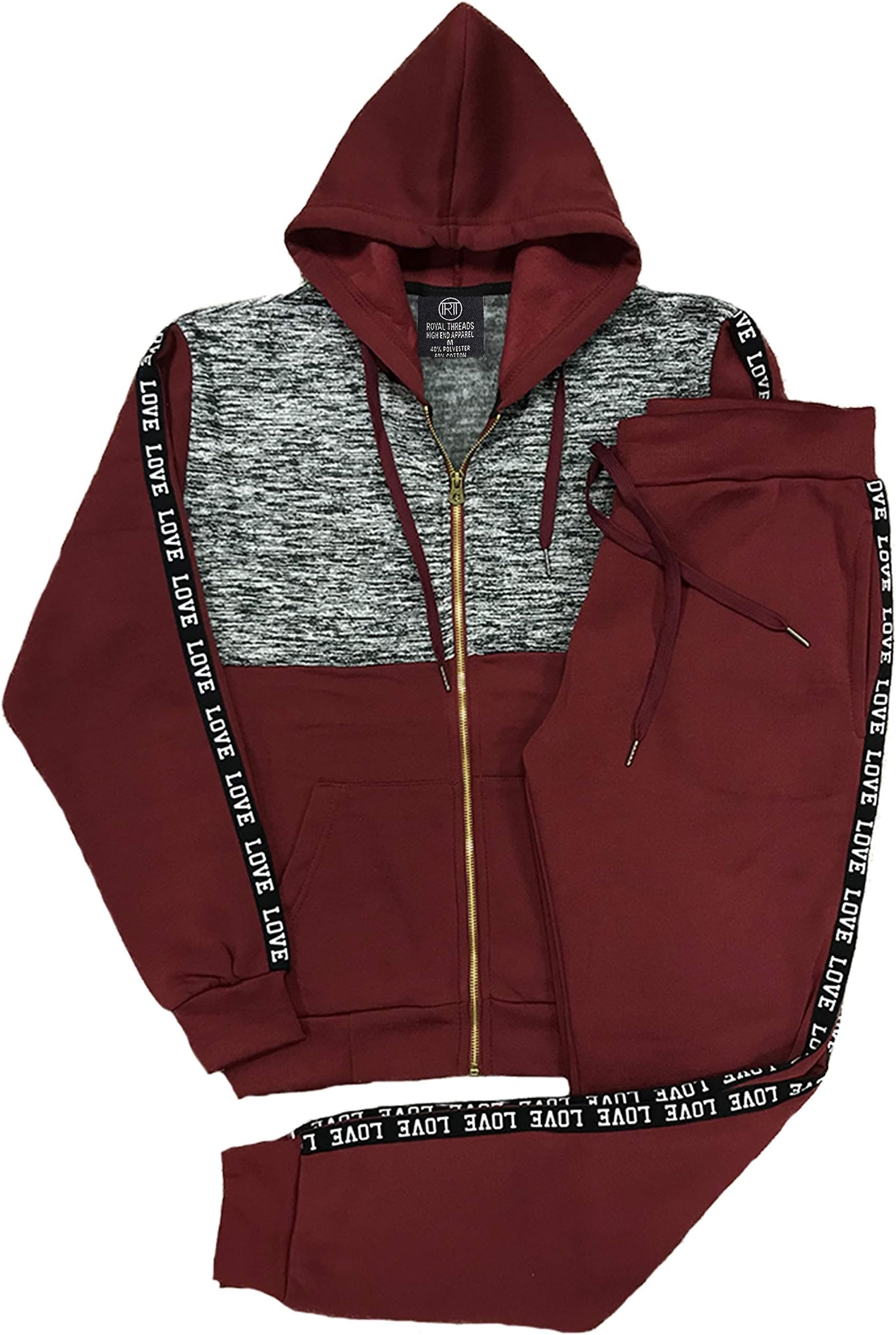 Women’s Lightweight Soft Fleece Sweat Suit Jogger Sweat Jacket Sweat Pants Activewear Love Stripe Outfit (Mehroon/Black, L)