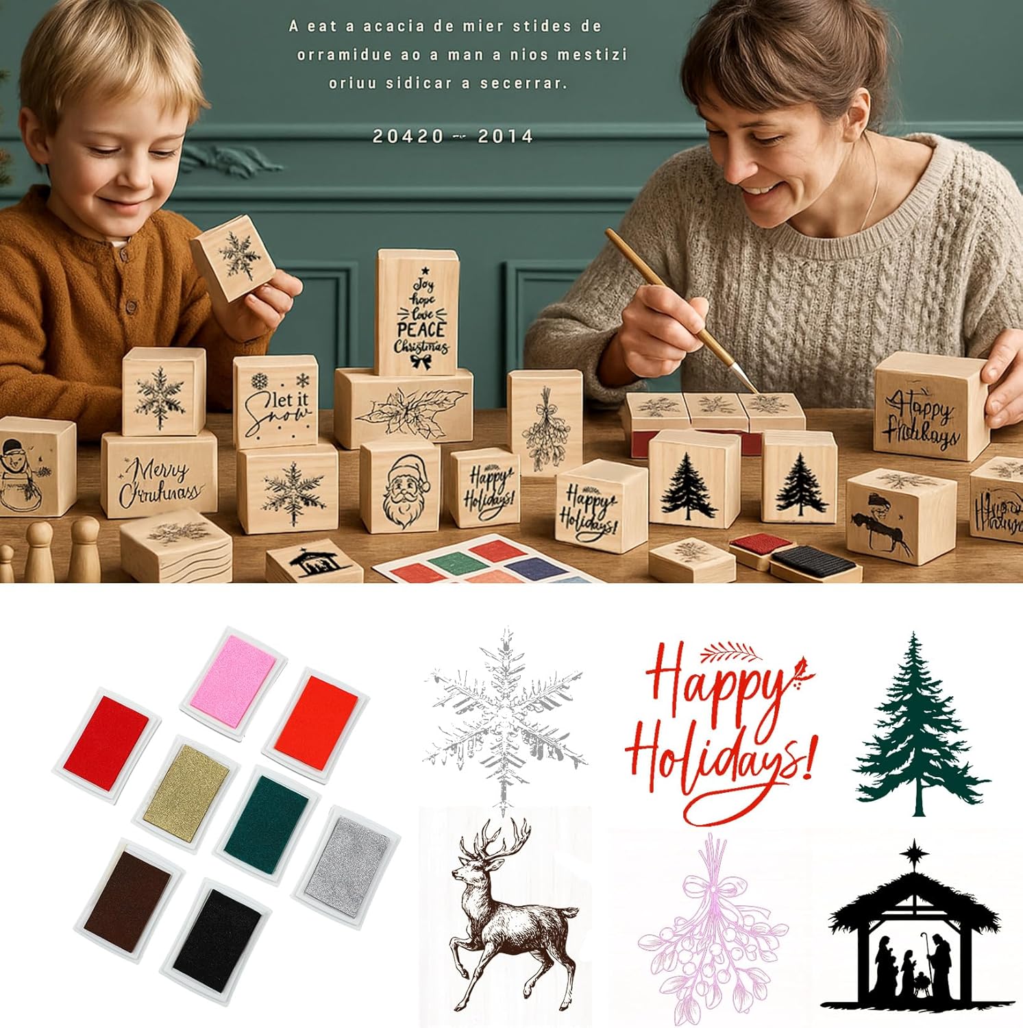 Eaasty 26 Pcs Christmas Rubber Stamps and Craft Ink Pads Set 18 Wooden Merry Christmas Rubber Stamps for Crafting Xmas 8 Mixed Ink Pads for DIY Card Scrapbooking Party Gift Making Craft