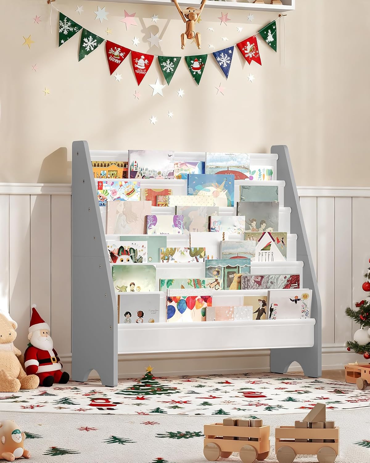 6-Tier Kids Bookshelf, Book Shelf for Kids Room, Sling Bookcase, Magazine and Book Storage Rack, Large Capacity Book Organizer for Nursery, Bedroom, Playroom, White and Gray MCW07WG - Image 2