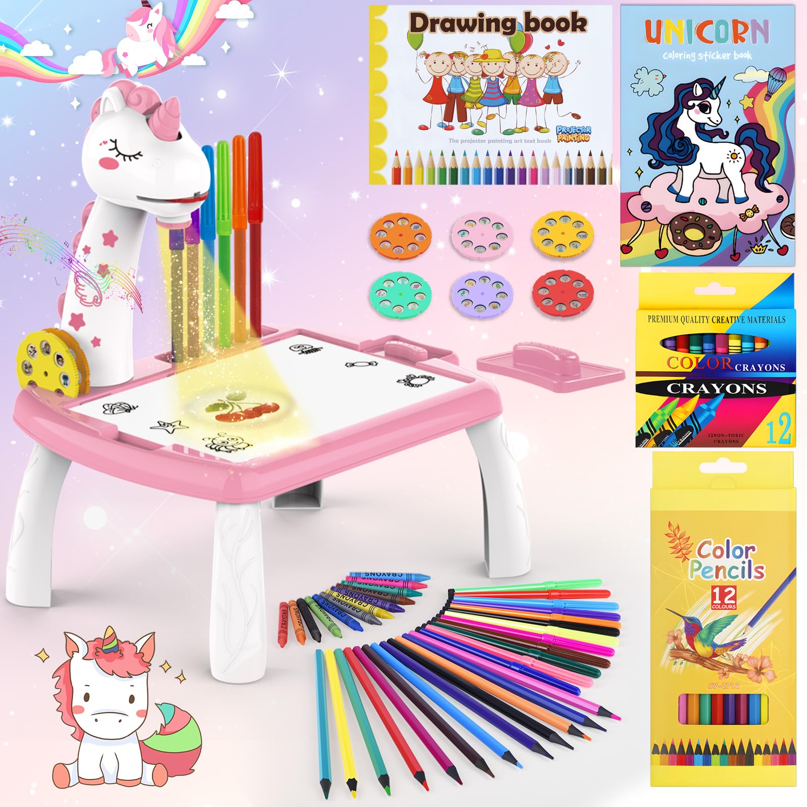 BuzzoXerex Drawing Projector for Children, Projection Drawing Board Child 48 Pieces Painting Projector Children's Set with 48 Designs, Sketchbook, Sticker Book, Coloured Pens for 3-10 Years Child