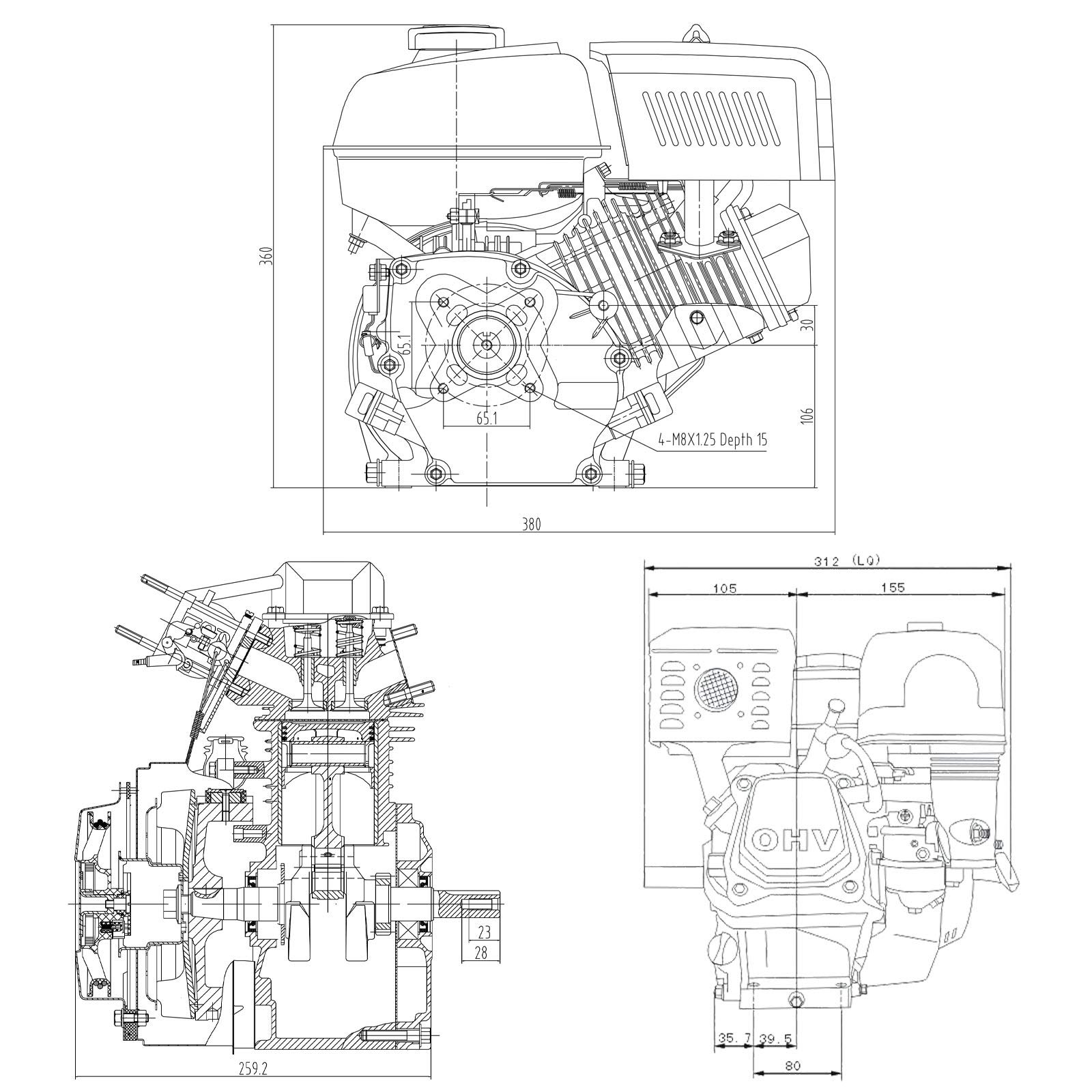 Wiltec LIFAN 168 F-2B Moteur essence – 380 x 360 x 260 mm – 4,8 kW (6,5 CV) – 196 ccm – 4 temps, Ø arbre 20 mm – capacité 3,6 L – OHV – Refroidi par air – Monocylindre Lanceur manuel – Kart Jardin