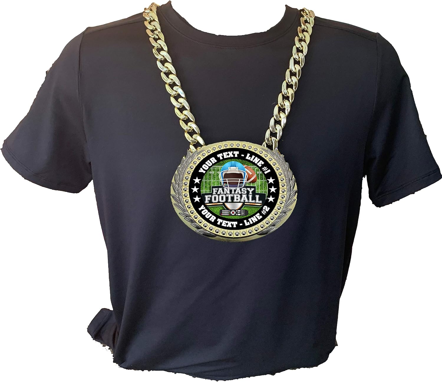 Express Medals Metal Version Fantasy Football Champ Chain Trophy with 2 Lines of Personalized Custom Text on a Large Award Medal and Attached 34 inch Long Metal Neck Chain. EG100
