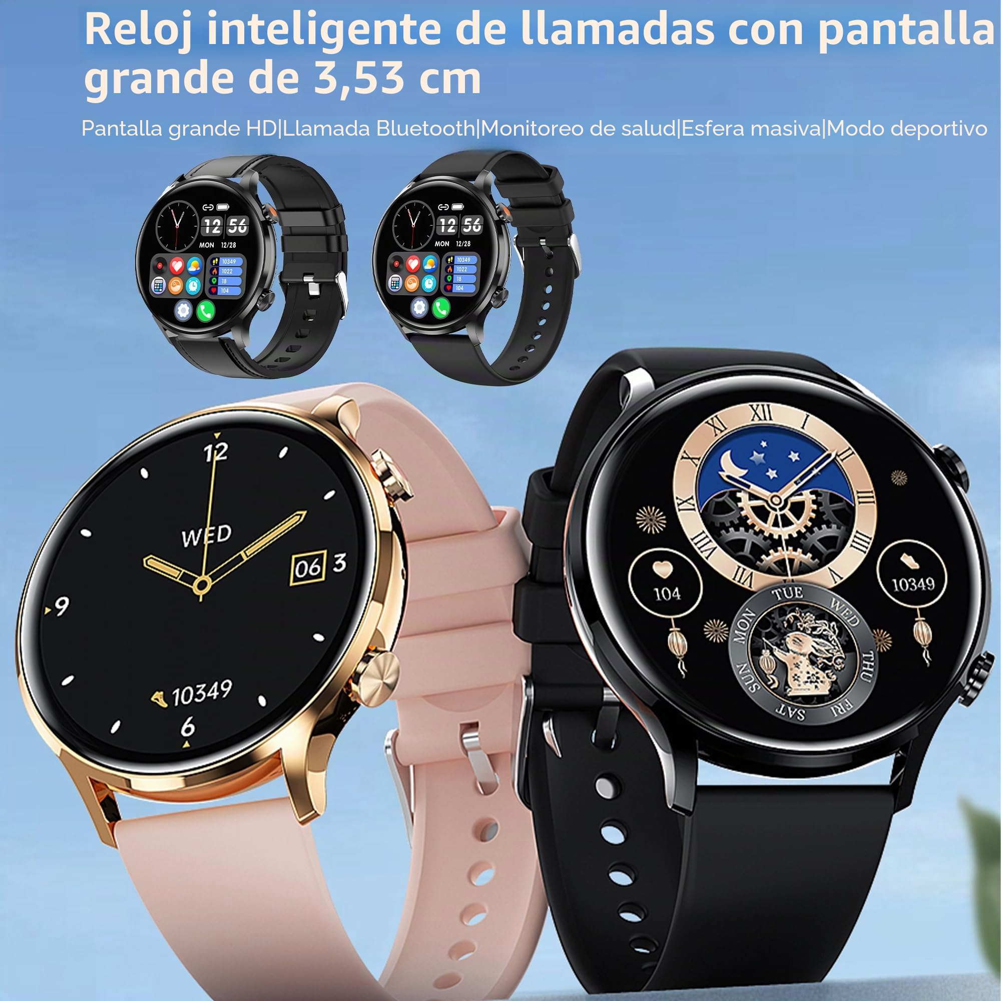 Reloj Inteligente Hombre con Llamadas, 1,39 Pulgada Cuero Smartwatch Deportivo con Podometro Pulsometro SpO2 Sueño Presion Arterial Pulsera Actividad 5ATM Reloj para iOS Android 3 Correas (Negro)