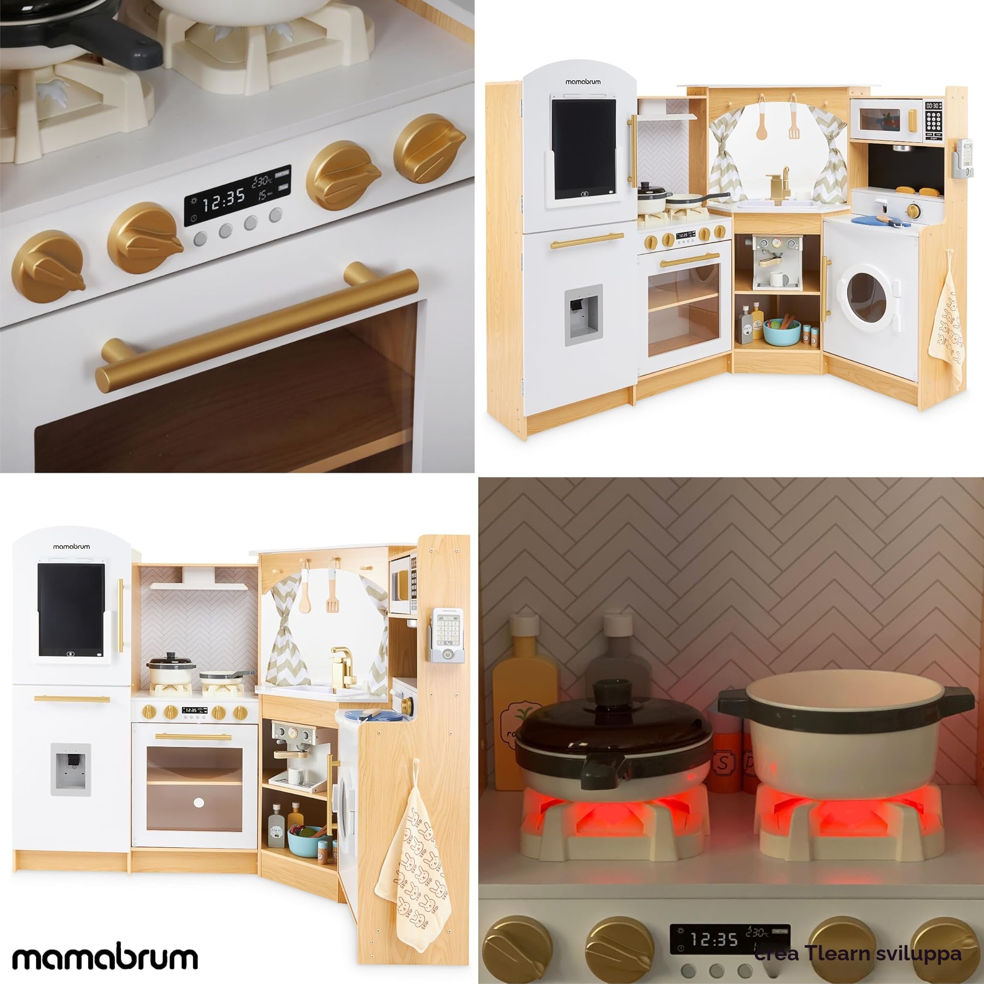 Mamabrum Cucina in Legno per Bambini 3+, Set XXXL con Luci LED, Caffettiera, Pentole, Frutta e Verdura | 50 Pezzi di Accessori Giocattolo