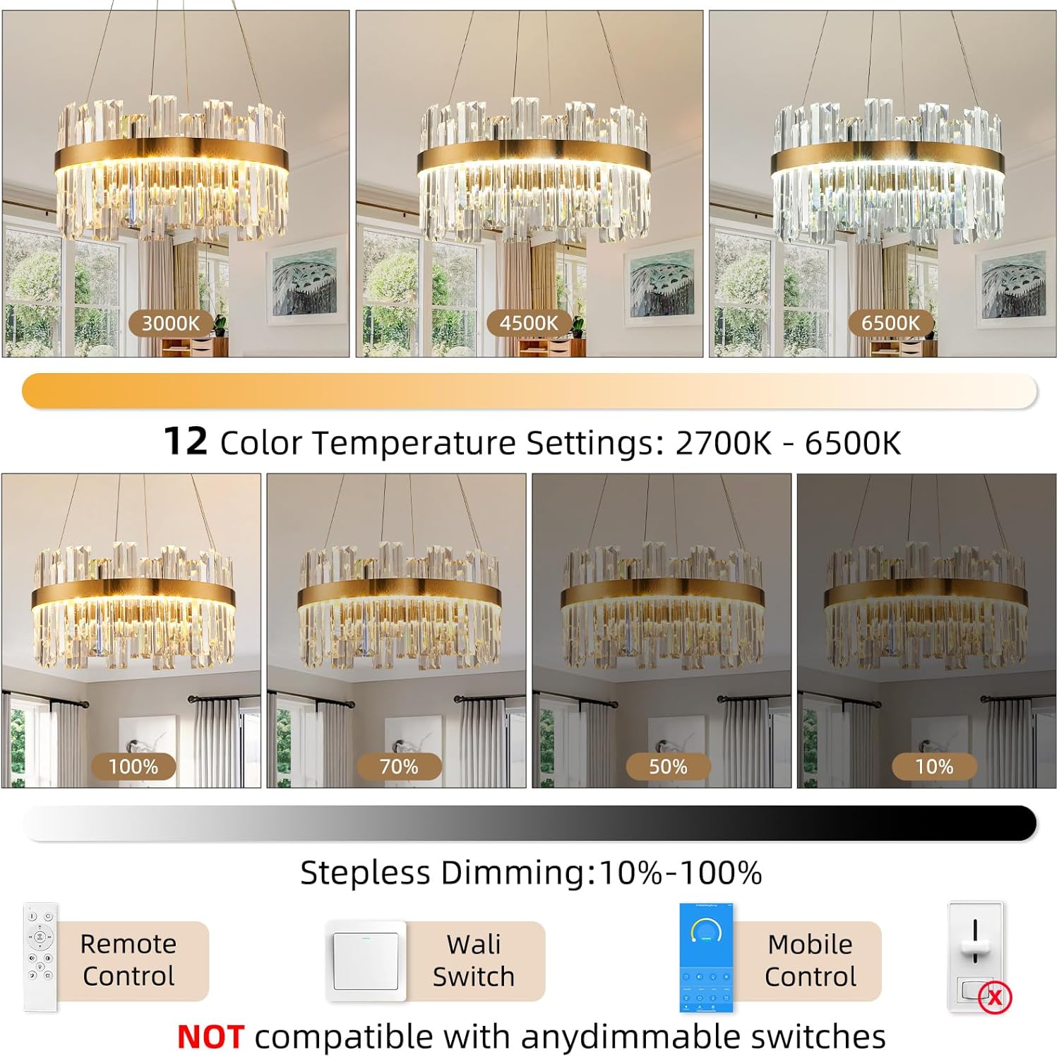 24'' Modern Gold Crystal Chandelier - K9 Crystal LED Dimmable Chandeliers With Remote Control for Dining Room - Luxury Brass Adjustable Pendant Ceiling Light Fixture For Living Room Bedroom Entryway