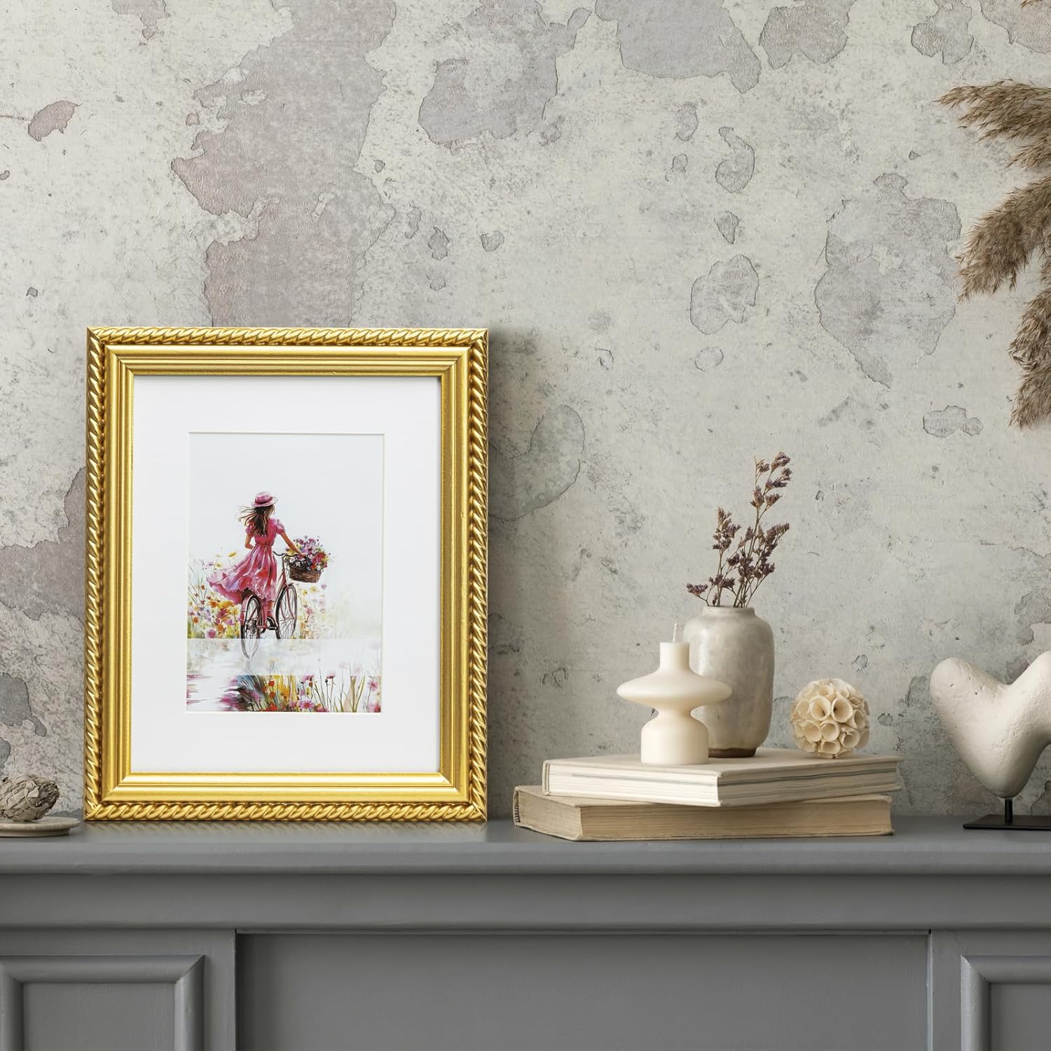 8x10 Picture Frame Ornate in Gold with Rope Trim, Solid Wood with Real Glass, Display 8x10 Photo Matted to 5x7, Vertical and Horizontal for Desk Tabletop or Wall Hanging