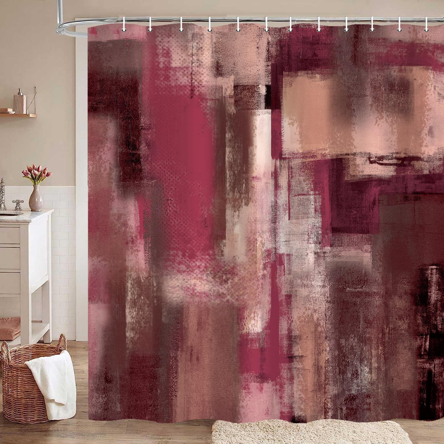 Burgundy Red Abstract Shower Curtain 72x78 Inch, Grey Brown Modern Art Painting Bath Curtain Waterproof Shower Curtains for Bathroom Decor with 12 Hooks