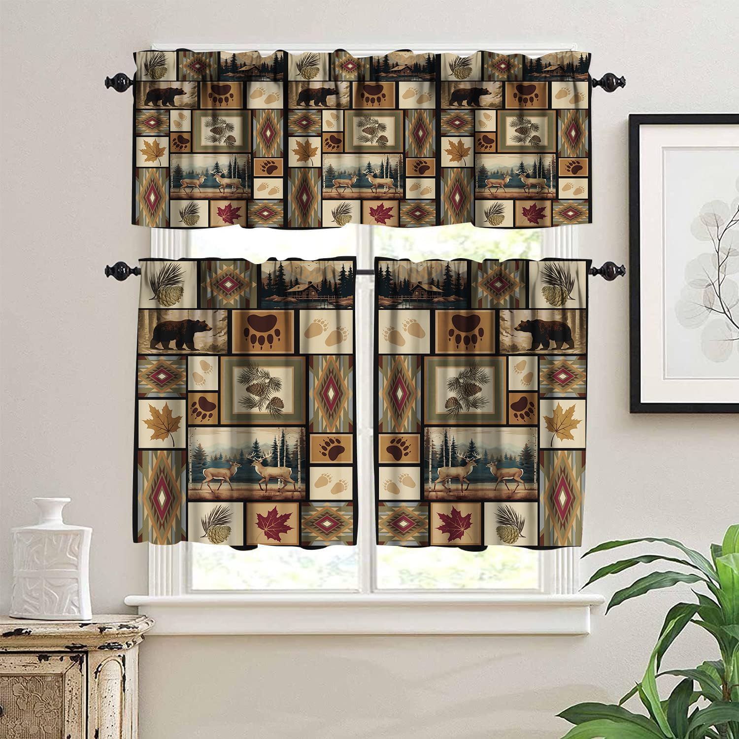 Rustic Moose Deer Curtain Set, Vintage Cottage Country Style Lodge Cabin Elk Pine Tree Window Valances and Tier Set for Kitchen Living Room Café Décor