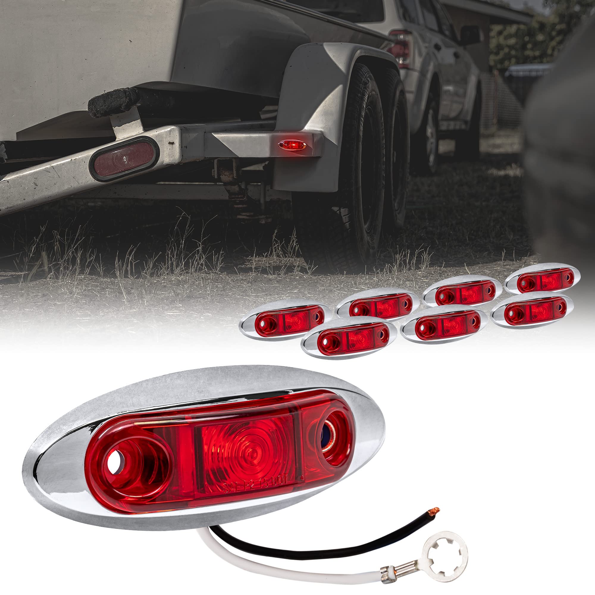 Juego de 8 luces LED rojas de 2.5 pulgadas con bisel cromado [DOT FMVSS 108] [SAE P2] [montaje en superficie] [impermeable IP67] luces de posición laterales para remolque camión