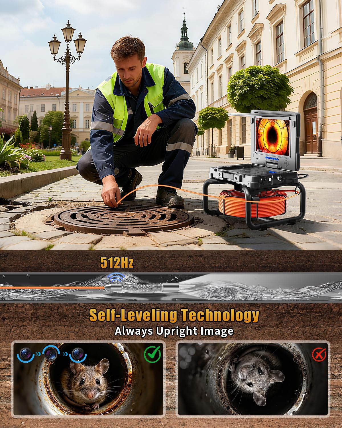 Self Leveling Sewer Camera 100ft with 512Hz Sonde, 9" IPS 1080P Pipe Inspection Camera with Distance Counter, 32G DVR, 5mm Cable, 23mm IP68 Waterproof Probe, Plumbing Drain Endoscope for Plumbers