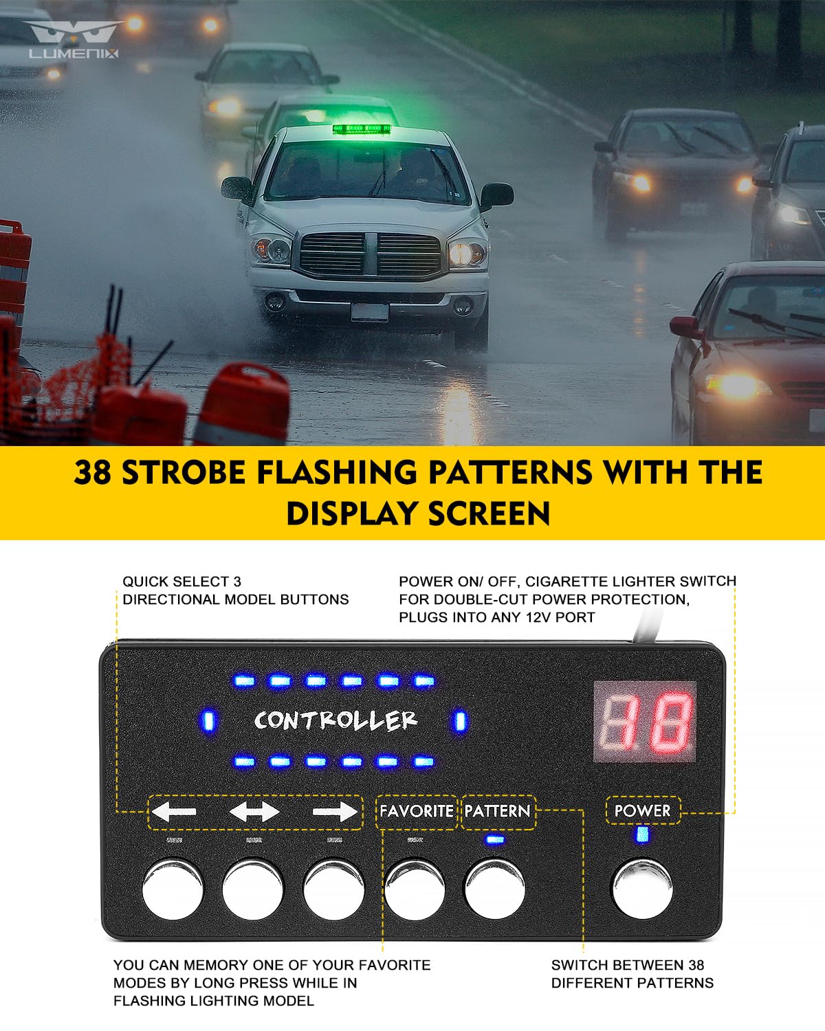 LUMENIX LED Rooftop Strobe Beacon Lights Bar W/Controller Magnetic Emergency Traffic Warning Safety Caution Flashing Light For Construction Vehicles Snow Plow Tow Trucks Postal Amber Patent Design