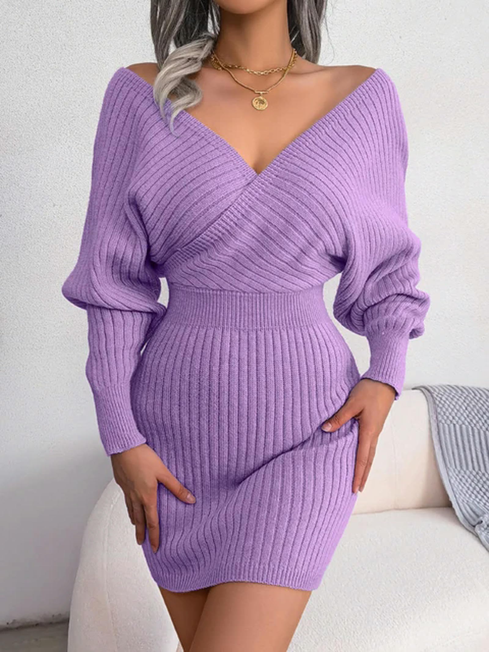 HAAR Vestito Viola Abiti di Maglione Bodycon per Donne Autunno Inverno Casual Manica Lunga Abiti da Lavoro A Maglia Bianca Blu Verde Viola