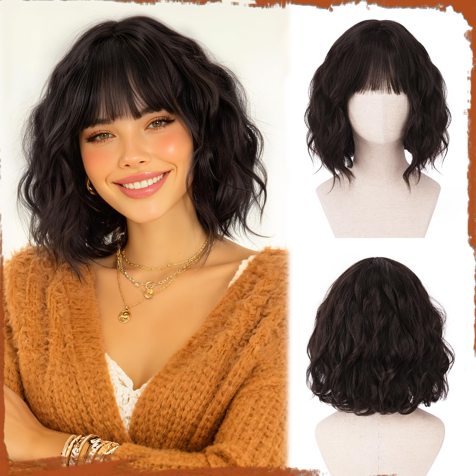 Sofeiyan Perruque Courte Ondulée 30 cm avec Frange, Cheveux Synthétiques Marron Foncé pour Femme Résistante à la Chaleur Naturel Bouclée pour Usage Quotidien et Cosplay