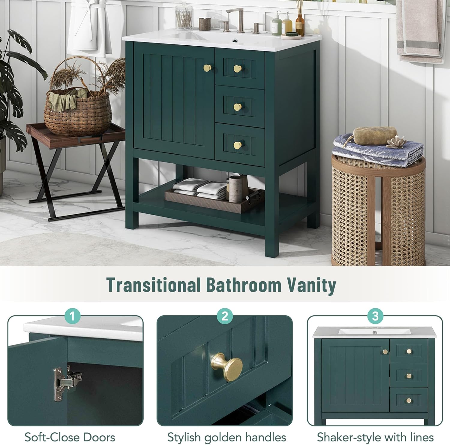 Merax 30" Bathroom Vanity with Ceramic Sink, Transitional Style Bathroom Vanity Cabinet Combo with Drawers and Shelves, Green