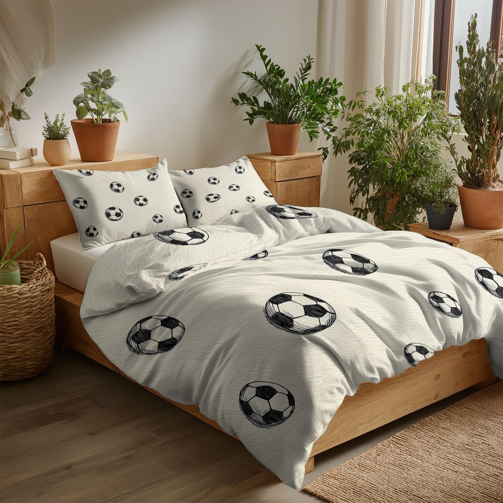 Housse de couette football 200x200 cm avec 2 taies beige pour lit de 2 personnes