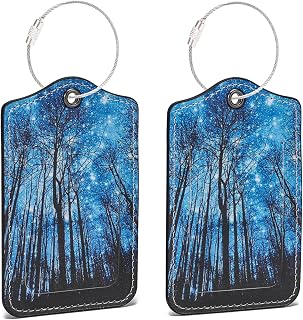 2 Pcs PU Leather Luggage Tags for Suitcase, Travel Airport Luggage Tag with Privacy Flap, Name ID Label and Stainless Steel Metal Loop for Women Men Baggage Handbag Backpack (Trees & Starry Sky)