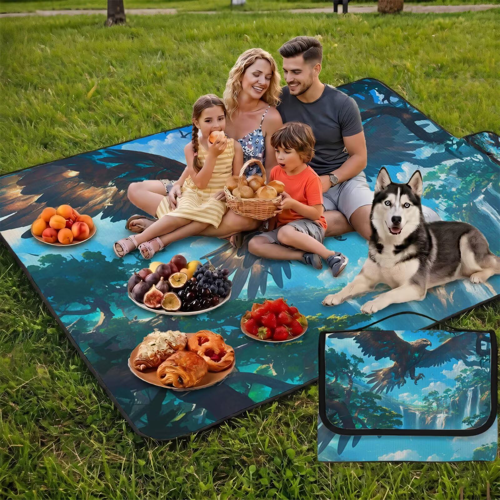 Couverture Pique Nique Grande 200x300cm,Outdoor Couverture Imperméable,Pliable Tapis de Plage Dos en PVC Anti-Sable,Picnic Blanket pour Camping Accessoires,Jardin,Parc,Famille - Forêt,Aigle (3) UZ-958