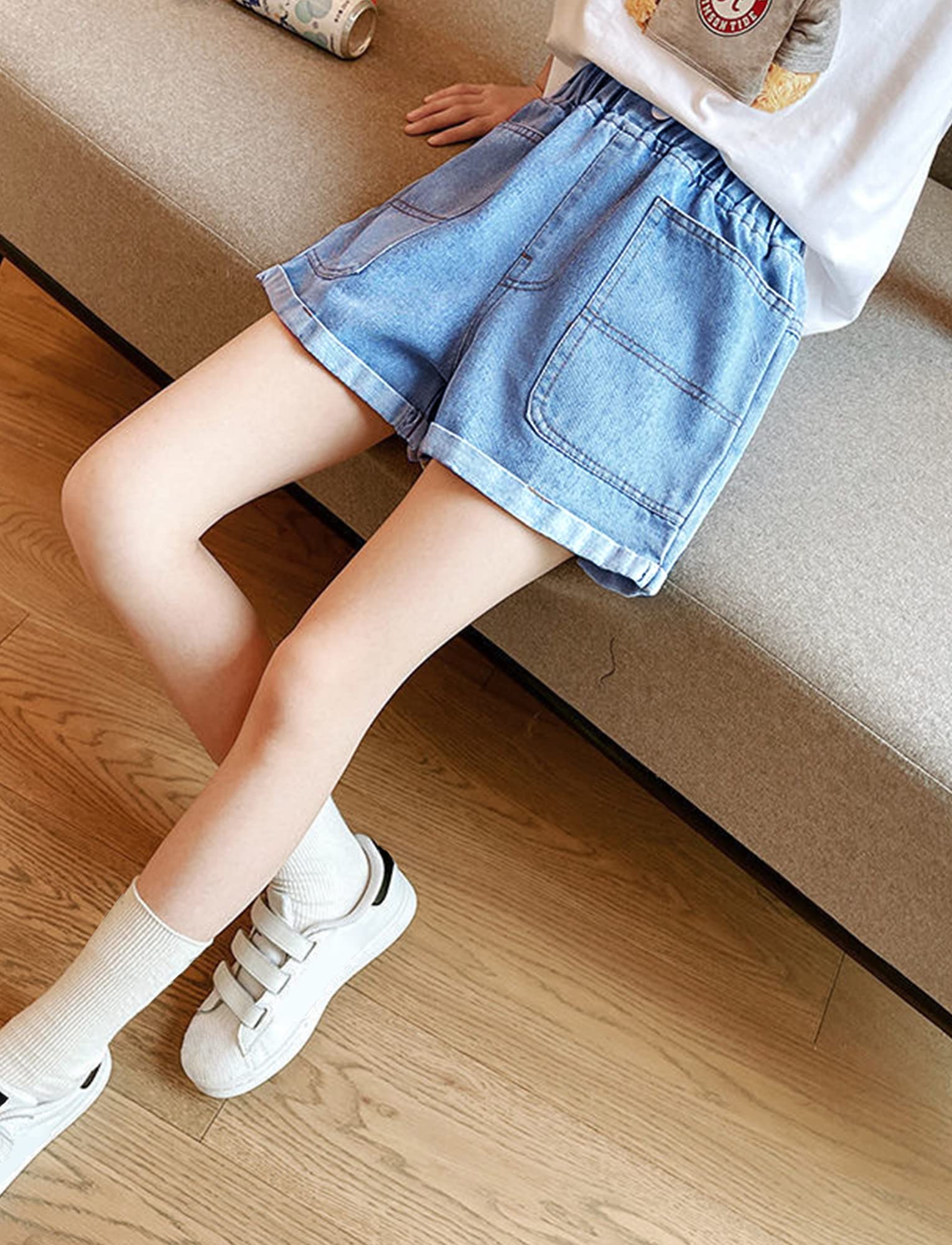 Panegy Pantaloncini per ragazze Pantaloncini in denim elasticizzato Casual Elastico in vita Gonna Pantaloncini estivi Pantaloni corti larghi 3-13 anni