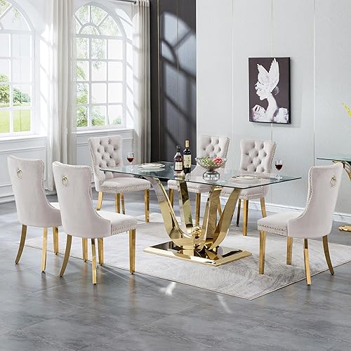 Miniatura 11 de Juego de mesa de comedor de 7 piezas, moderno juego de mesa de comedor de cristal para 6 personas con sillas grises copetudas, mesas de comedor Mesa