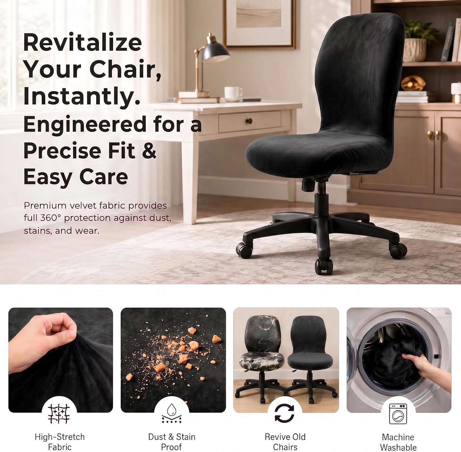 Deisy Dee Velvet Stretch Armless Office Chair Covers - Colorful Stretch Slipcover for Desk Chairs (Black) image 5