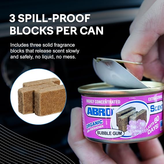 ABRO Car Air Freshener Can, Bubble Gum Scent, Spill-Proof, 60 Days, 3 Pack