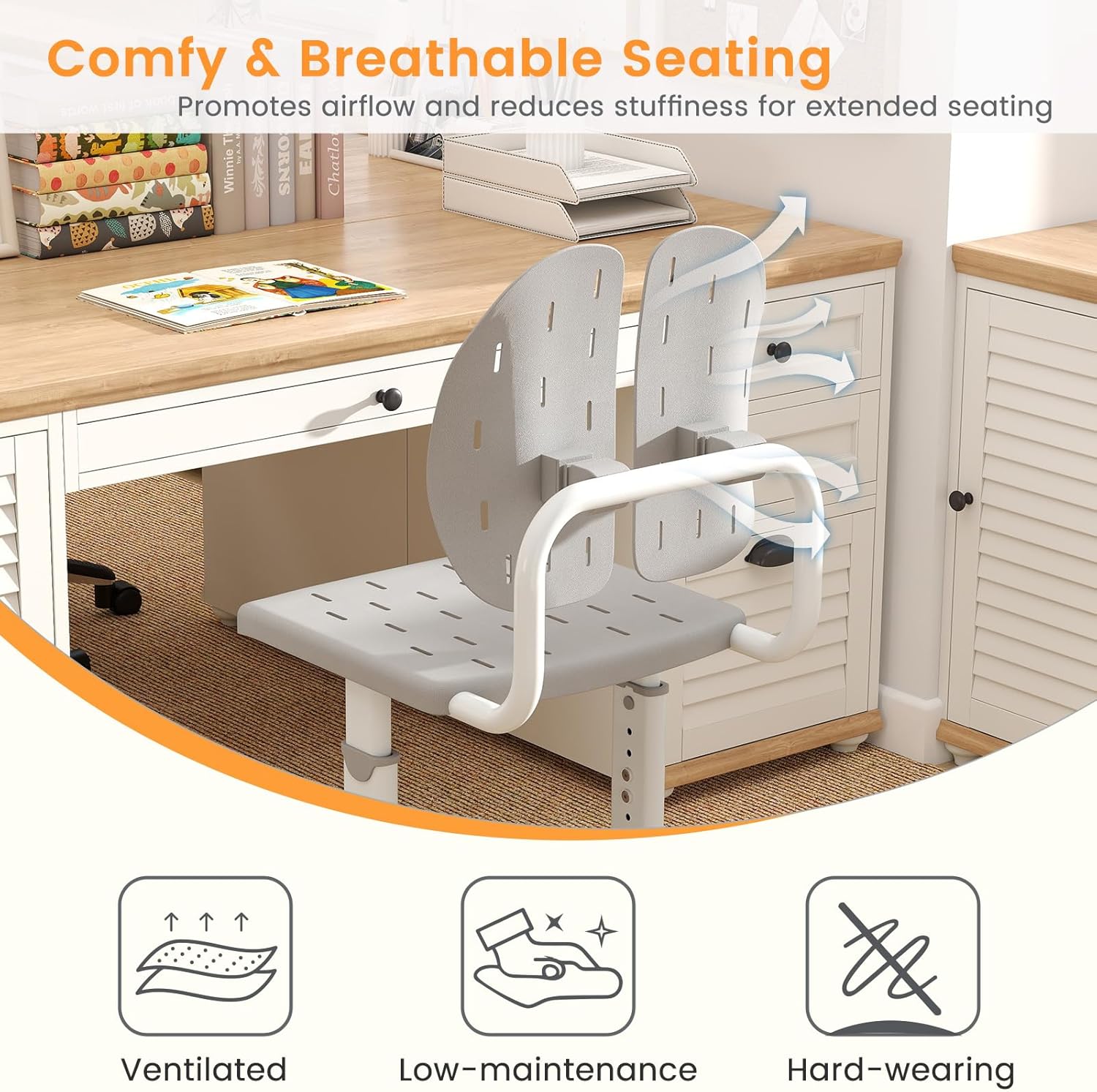 HONEY JOY Kids Desk Chair, Children Study Chair with Adjustable Height/Foot Pads, Adaptive Double Backrest, Kids Computer Chair for Teens Girls Boys, Home, School, Office (Gray)