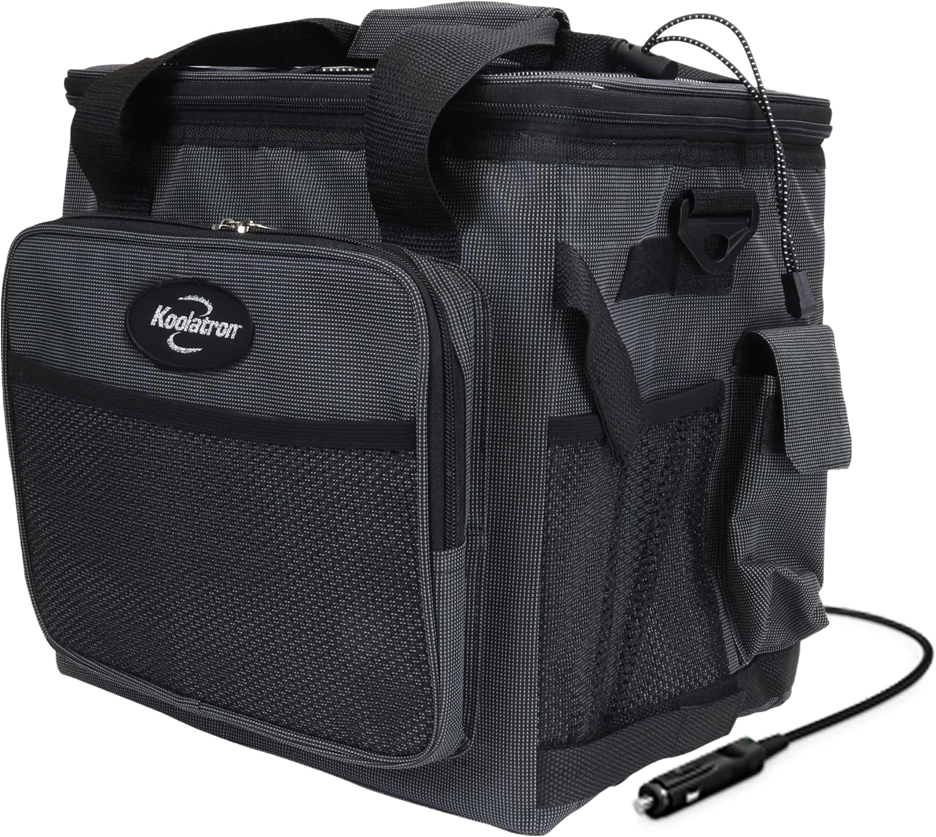 Electric Portable Cooler Plug in 12V Car Cooler Bag, 26 qt (25 L) Black/Gray Soft-Sided Portable Car Fridge w/DC Power Cord, Adjustable Shoulder Strap, Cord Storage, Road Trip.
