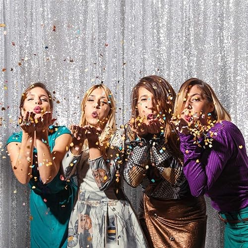 Miniatura 7 de Poise3EHome Telón de fondo plateado, cortina de fondo de fotografía de lentejuelas plateadas de 8 x 10 pies para decoración de fiestas