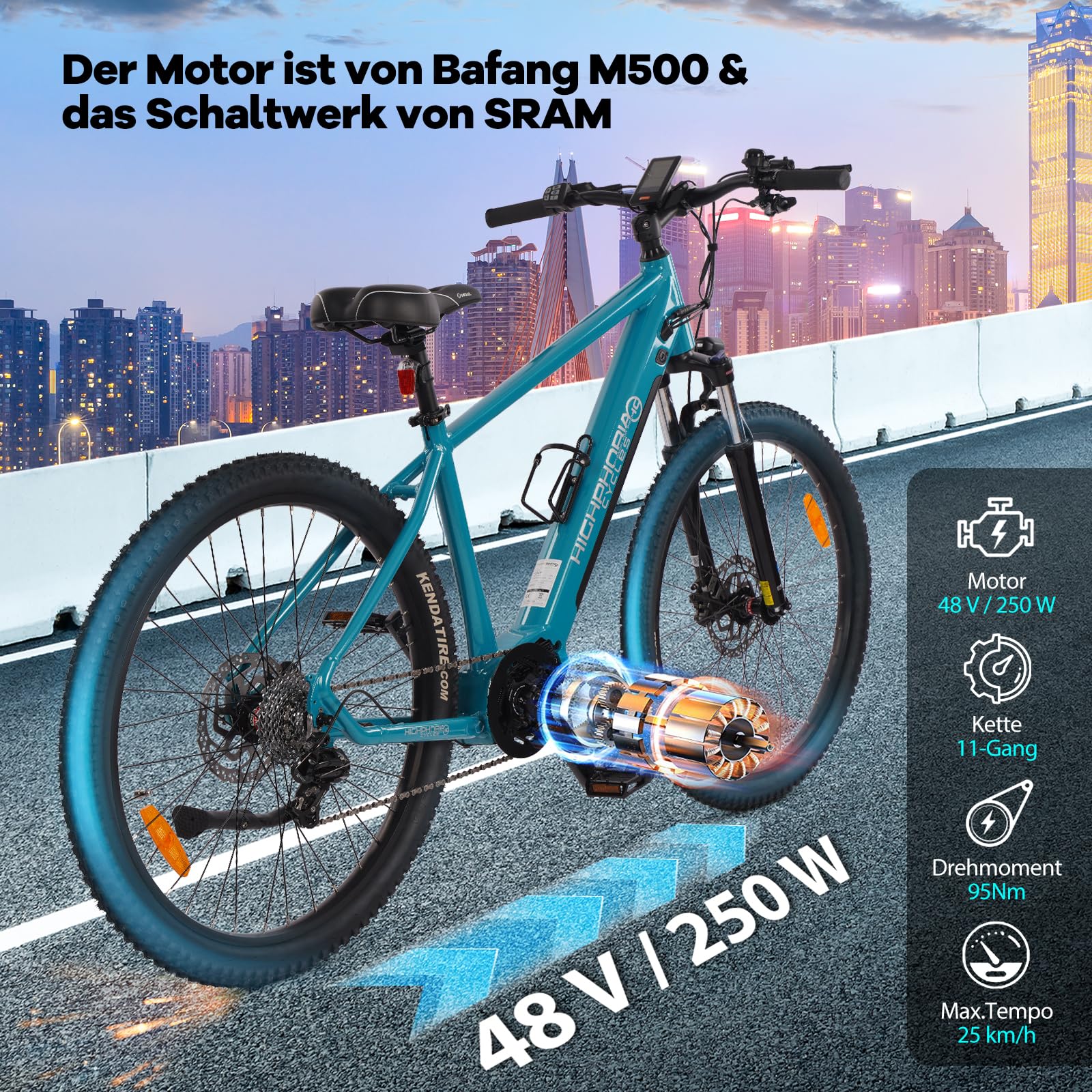 Vélo électrique VTT • Moteur Bafang puissant • Dérailleur • Freins à disque • VTT électrique • Pedelec avec batterie Samsung • Vélo électrique pour homme et femme