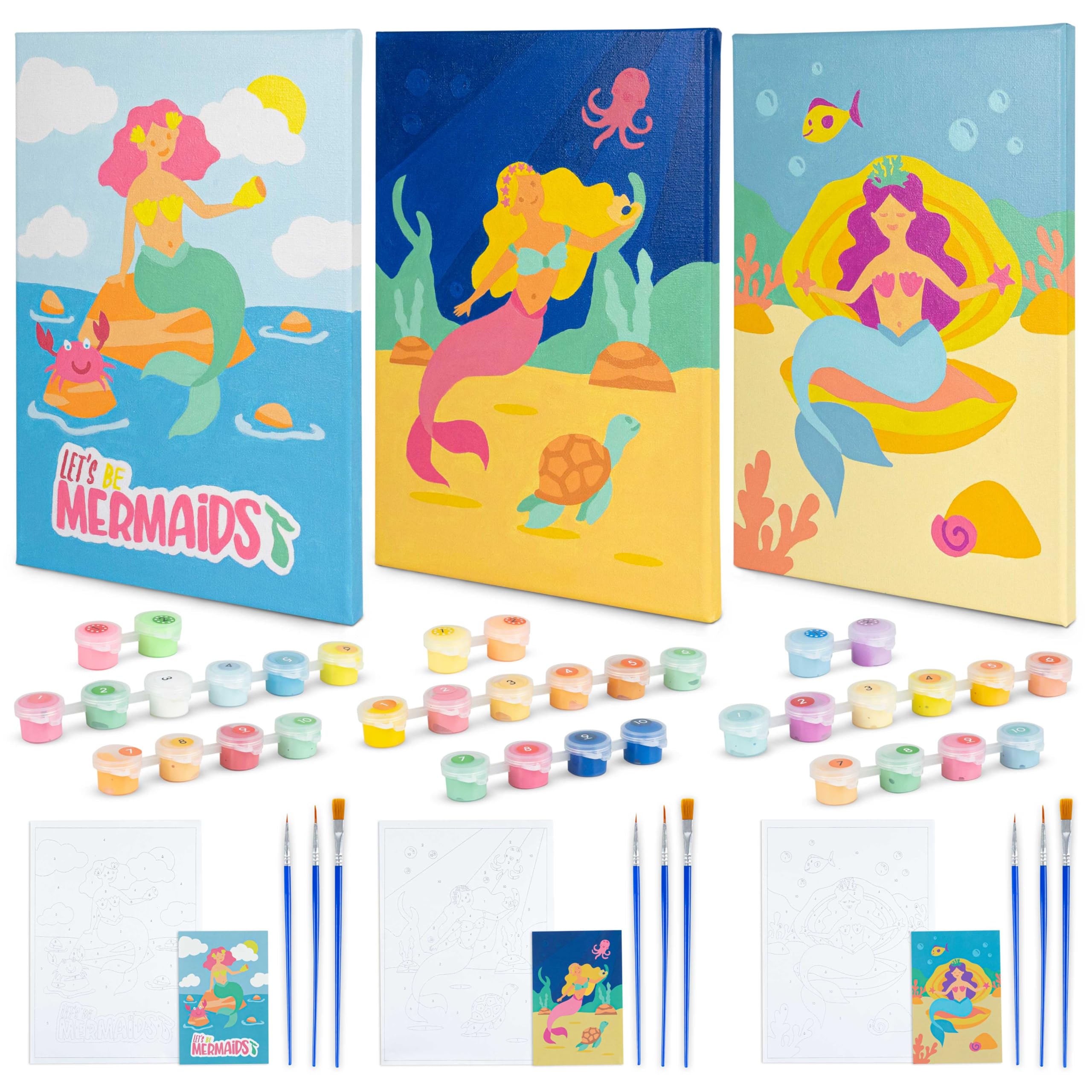 BONNYCO Paint by Numbers Kit for Kids Mermaid Pack 3 Canvas. Paint by Number Canvas Framed Pre Drawn, Mermaid Gifts for Girls Painting. Arts and Kids