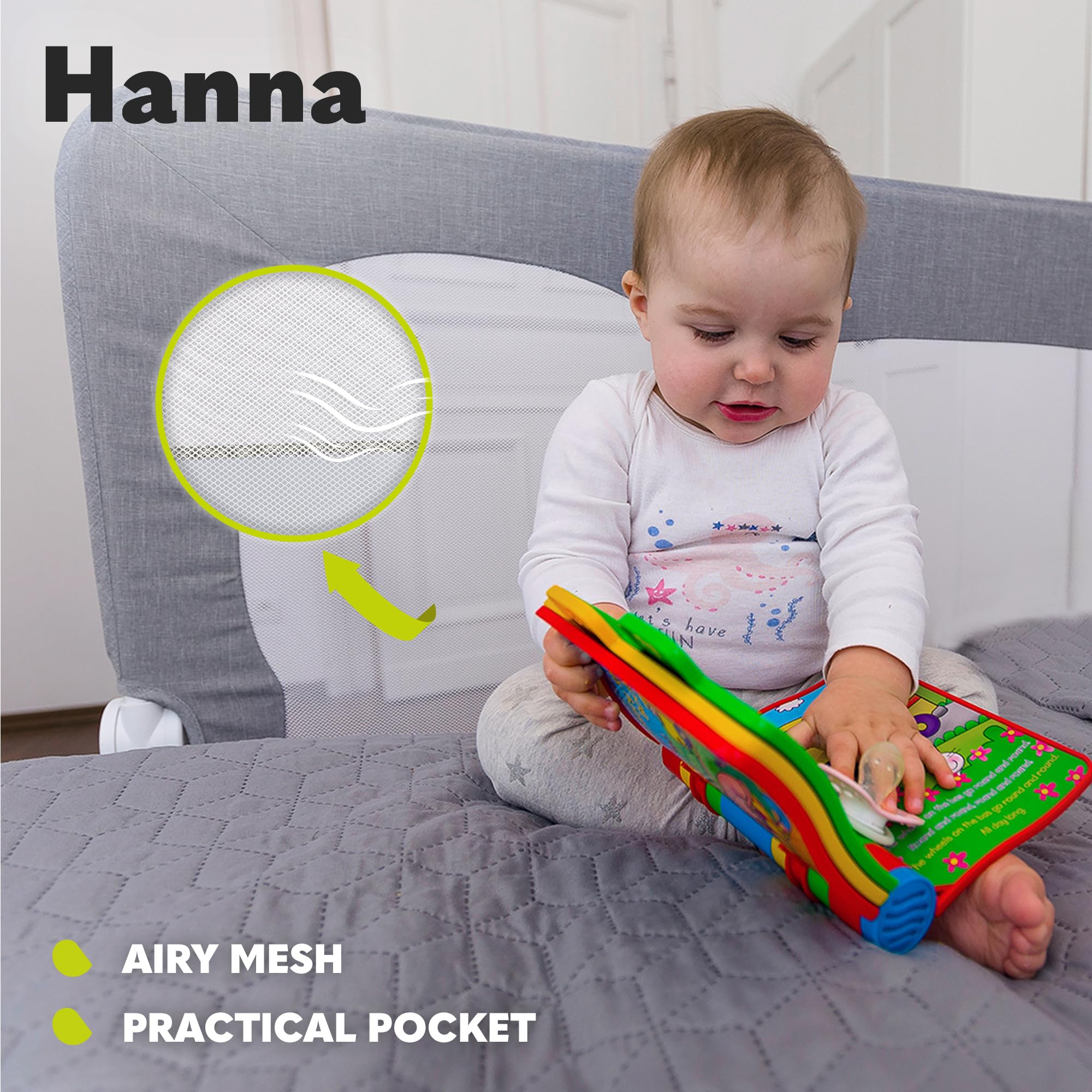 LIONELO Hanna - Protector de cama para niños pequeños, 150 x 66 cm | Barrera de malla extra alta, diseño plegable de 180°, correas de seguridad, bloqueo de seguridad y bolsillo de almacenamiento