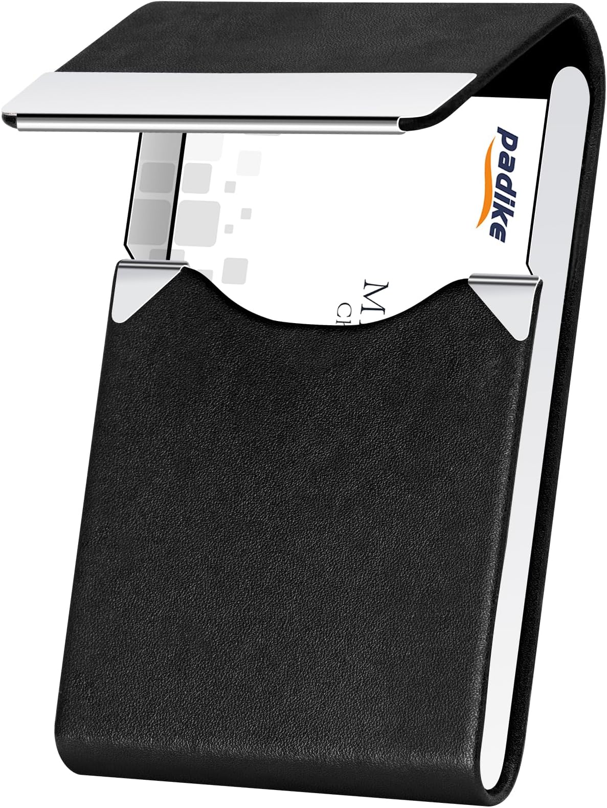 Padike Professional Business Card Holder PU Leather Business Card Case Name Card Holder Slim Metal Pocket Card Holder with Magnetic Shut (Y-Black)