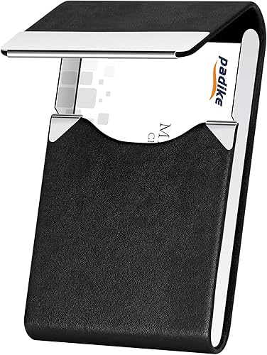 Miniatura 10 de Padike - Tarjetero de cuero para tarjetas de presentación, estuche metálico para tarjetas de nombre, tarjetero profesional delgado con cierre