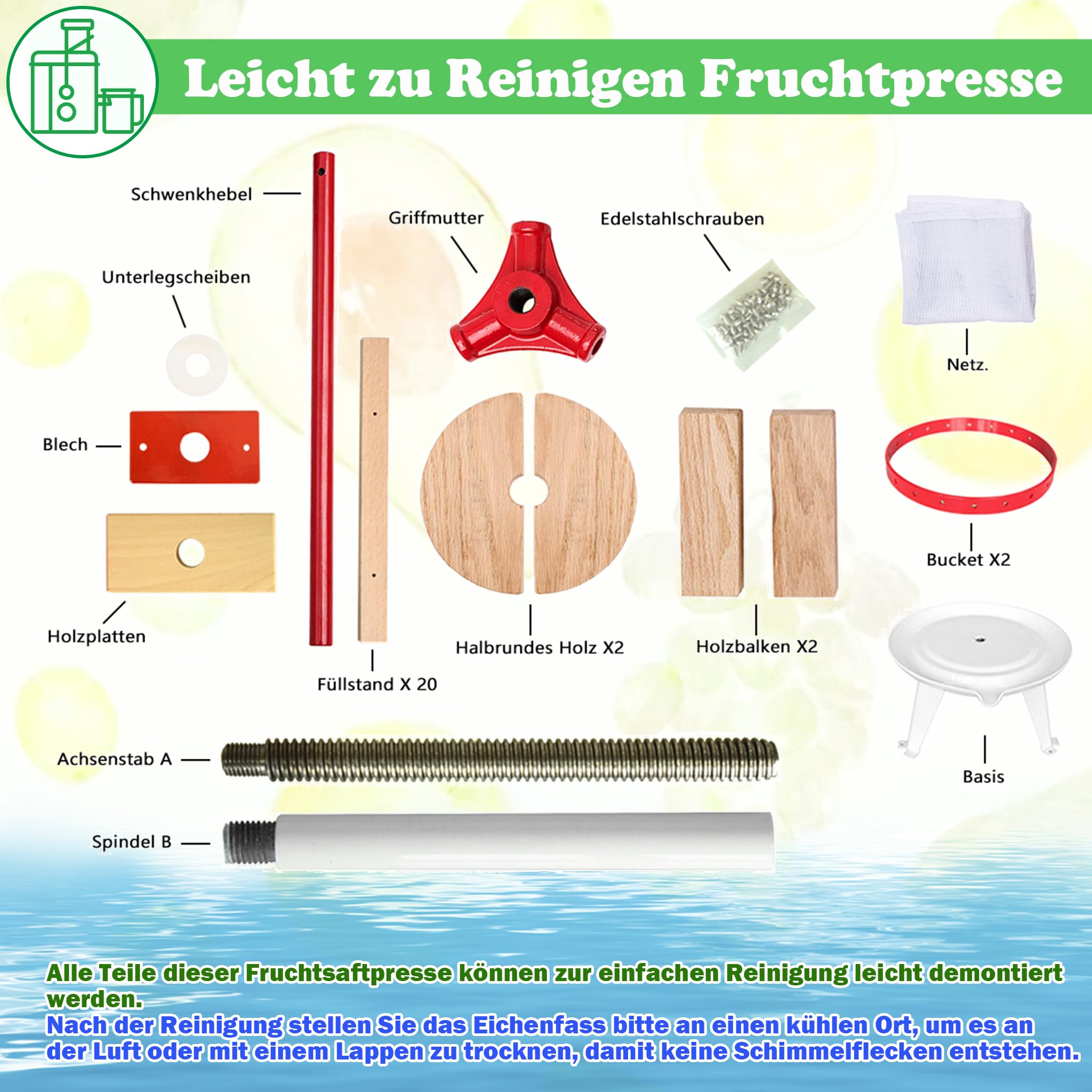 SUBTLETY Presse-fruits manuel 6 l - Presse-agrumes - Presse-fruits portable - Presse-pommes - Avec manivelle et filet de presse pour baies, jus de fruits, jus de pomme